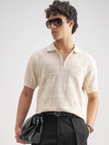 Highlander Men Cream Self Design Polo Collar T-Shirt - Cream - Image 1