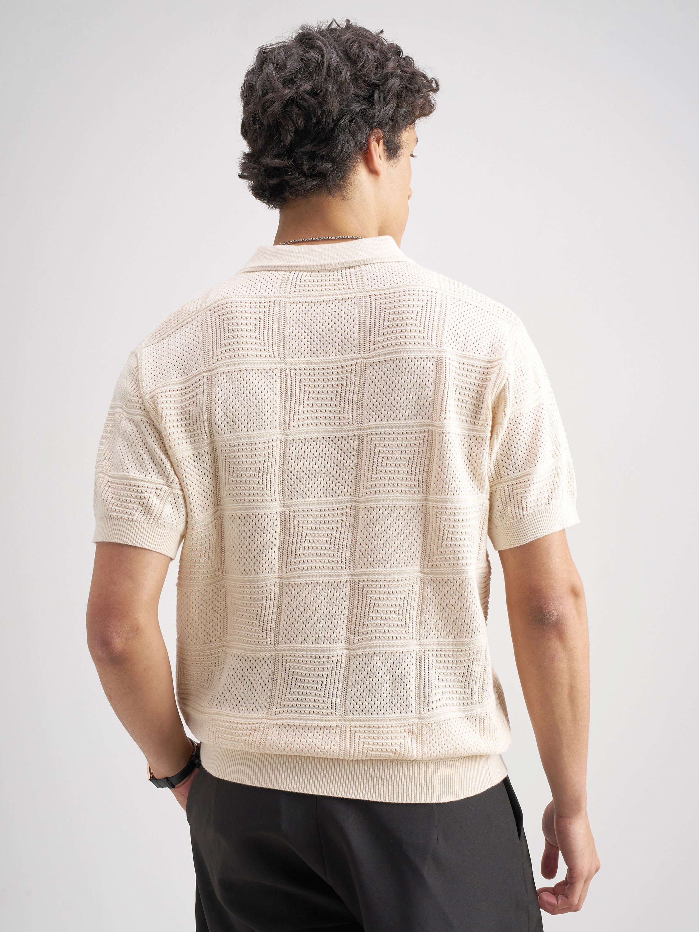 Highlander Men Cream Self Design Polo Collar T-Shirt - Cream - Image 3