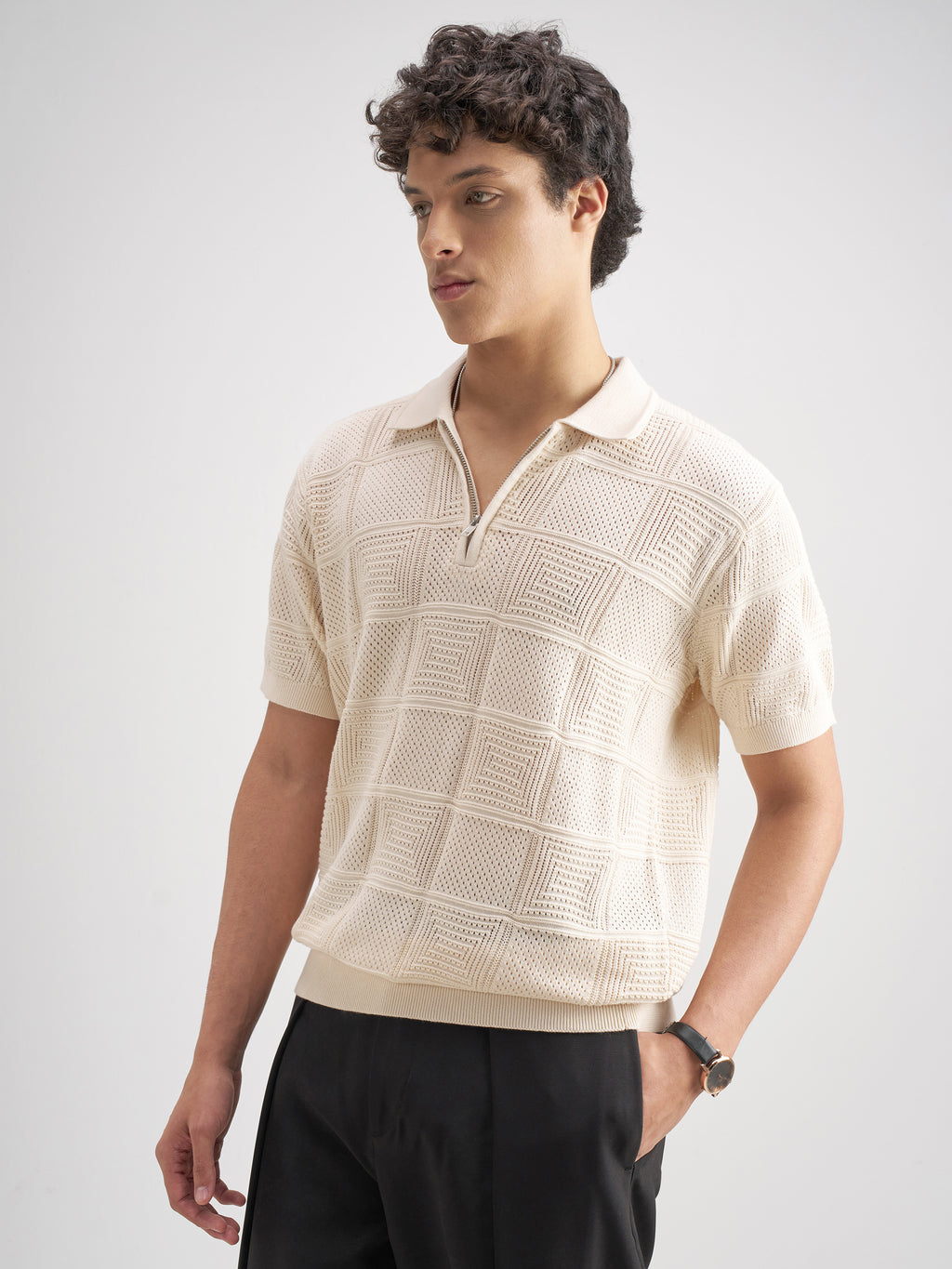 Highlander Men Cream Self Design Polo Collar T-Shirt - Cream - Image 4
