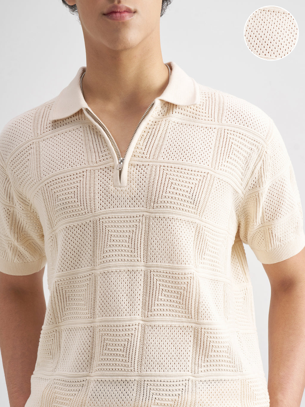 Highlander Men Cream Self Design Polo Collar T-Shirt - Cream - Image 5