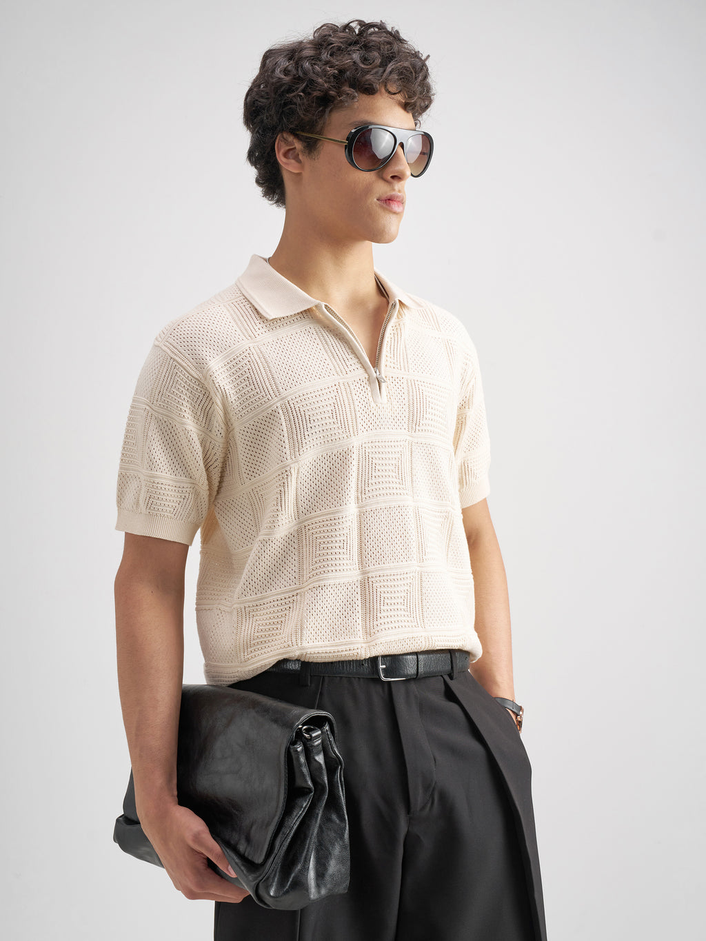 Highlander Men Cream Self Design Polo Collar T-Shirt - Cream - Image 6
