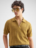 Highlander Men Mustard Self Design Polo Collar T-Shirt - Mustard - Image 1