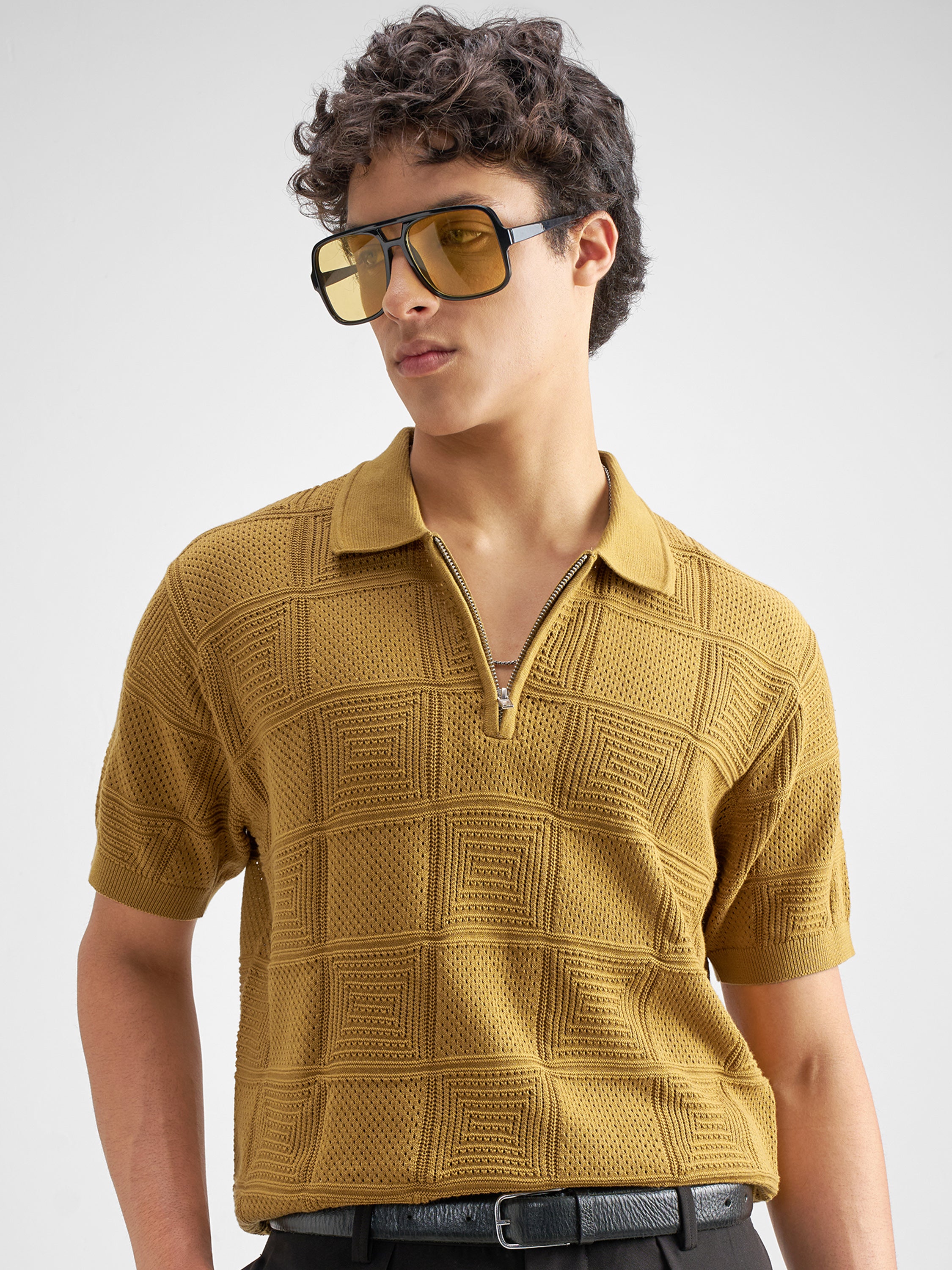 Highlander Men Mustard Self Design Polo Collar T-Shirt - Mustard - Image 1