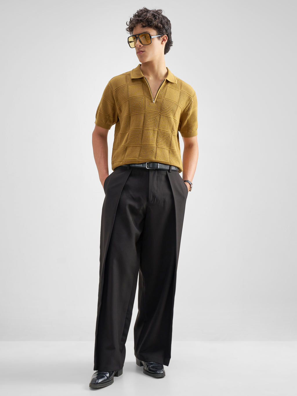 Highlander Men Mustard Self Design Polo Collar T-Shirt - Mustard - Image 2
