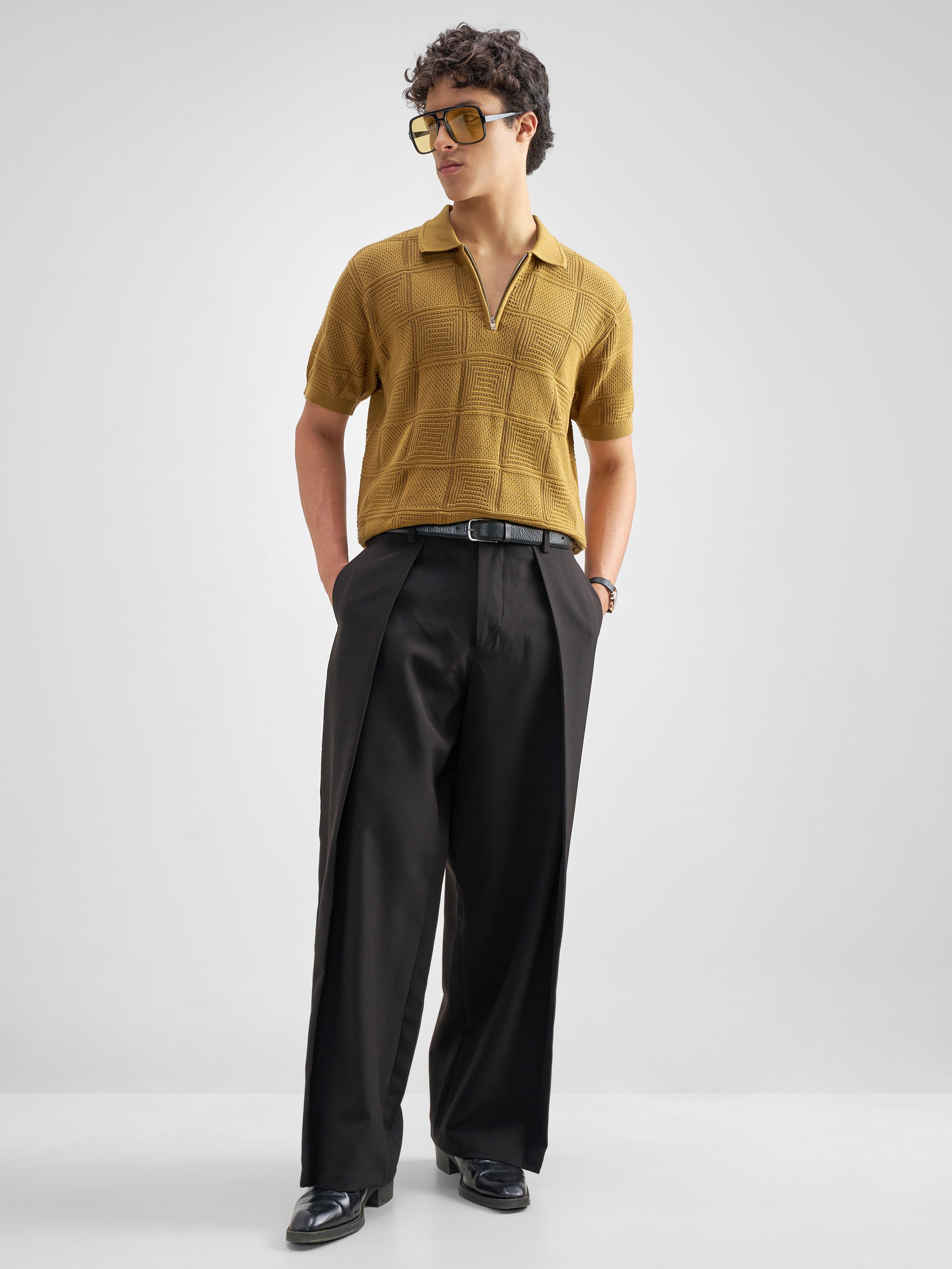 Highlander Men Mustard Self Design Polo Collar T-Shirt - Mustard - Image 2