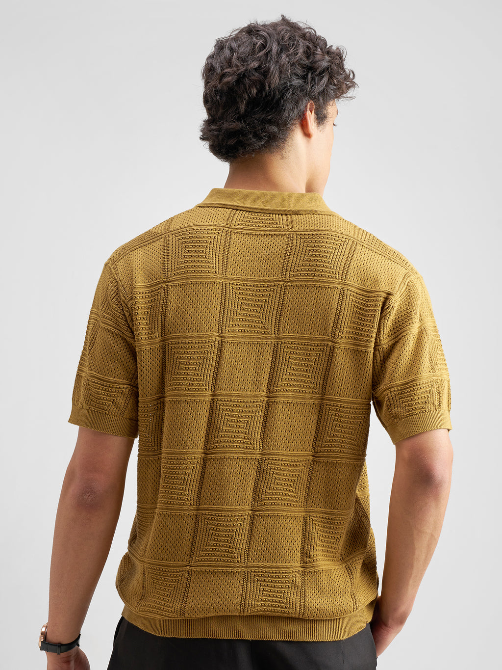 Highlander Men Mustard Self Design Polo Collar T-Shirt - Mustard - Image 3