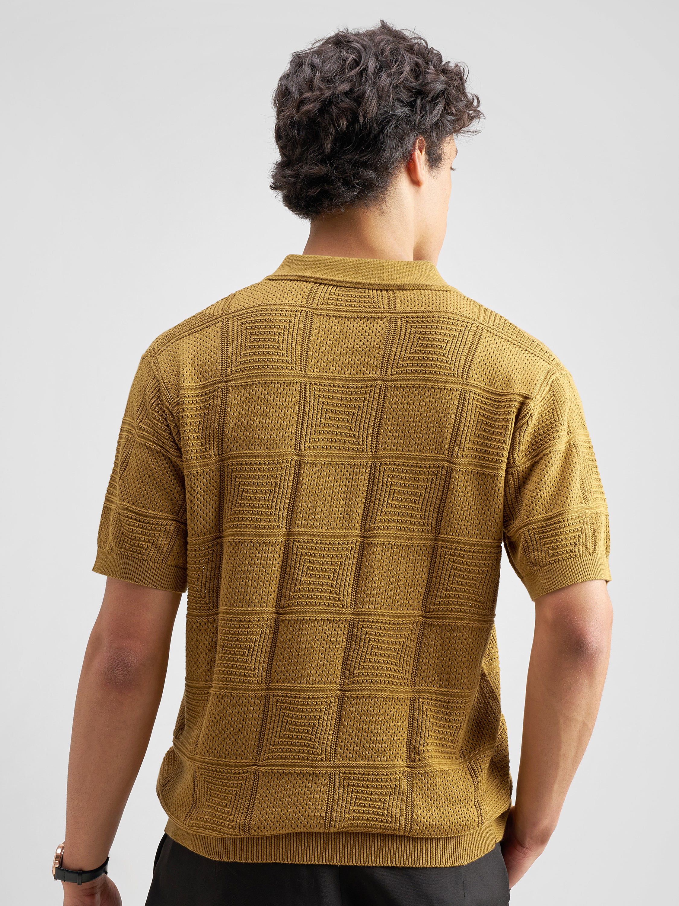 Highlander Men Mustard Self Design Polo Collar T-Shirt - Mustard - Image 3