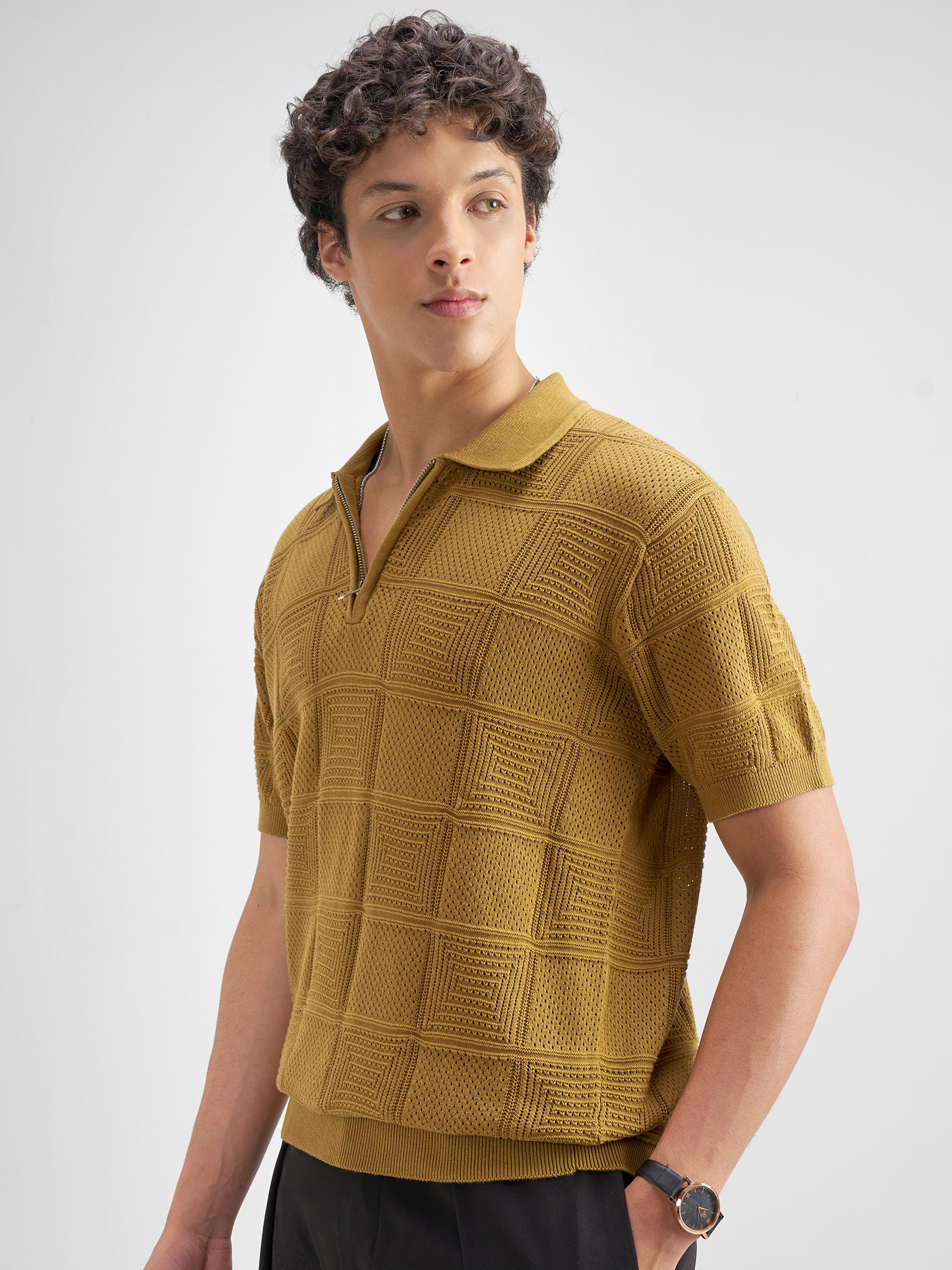 Highlander Men Mustard Self Design Polo Collar T-Shirt - Mustard - Image 4