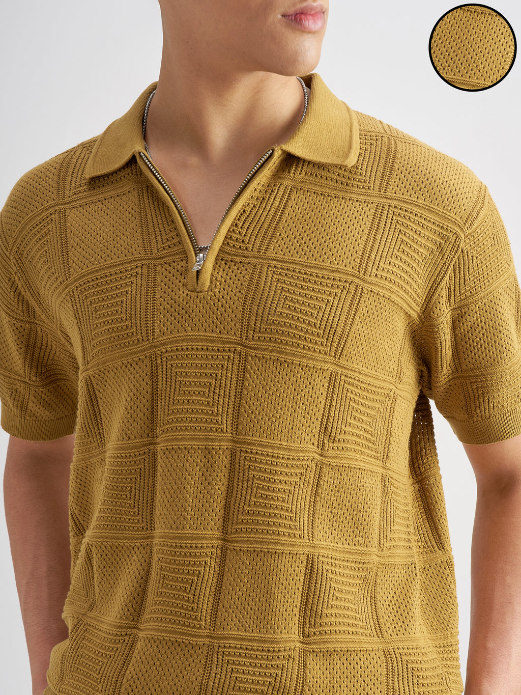 Highlander Men Mustard Self Design Polo Collar T-Shirt - Mustard - Image 5