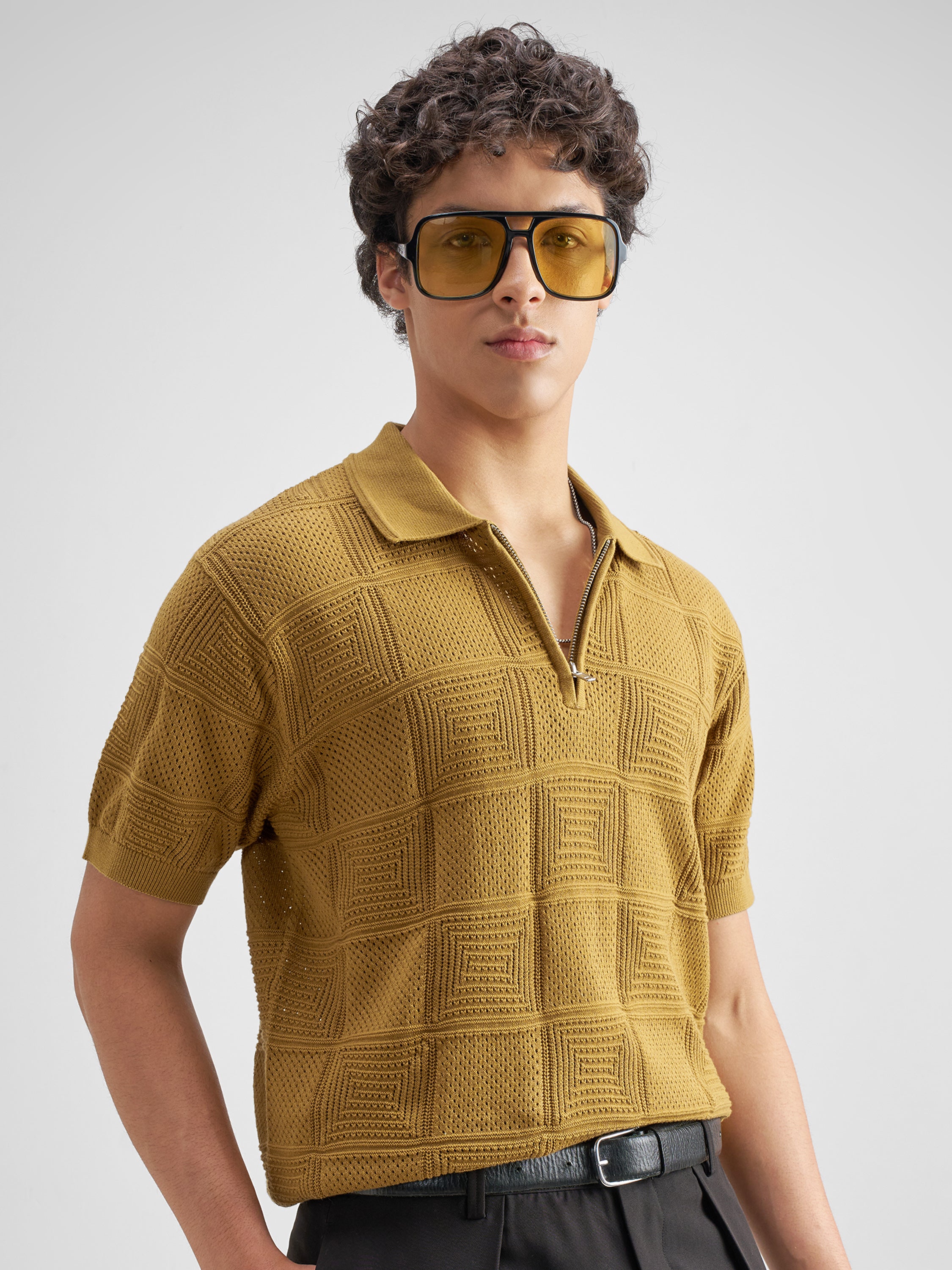 Highlander Men Mustard Self Design Polo Collar T-Shirt - Mustard - Image 6