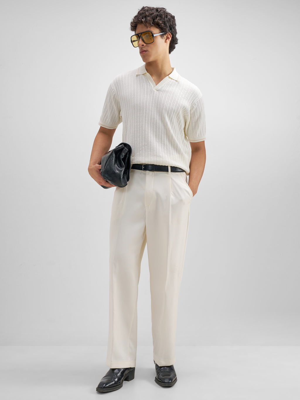 Highlander Men Off White Self Design Polo Collar T-Shirt - Off White - Image 2