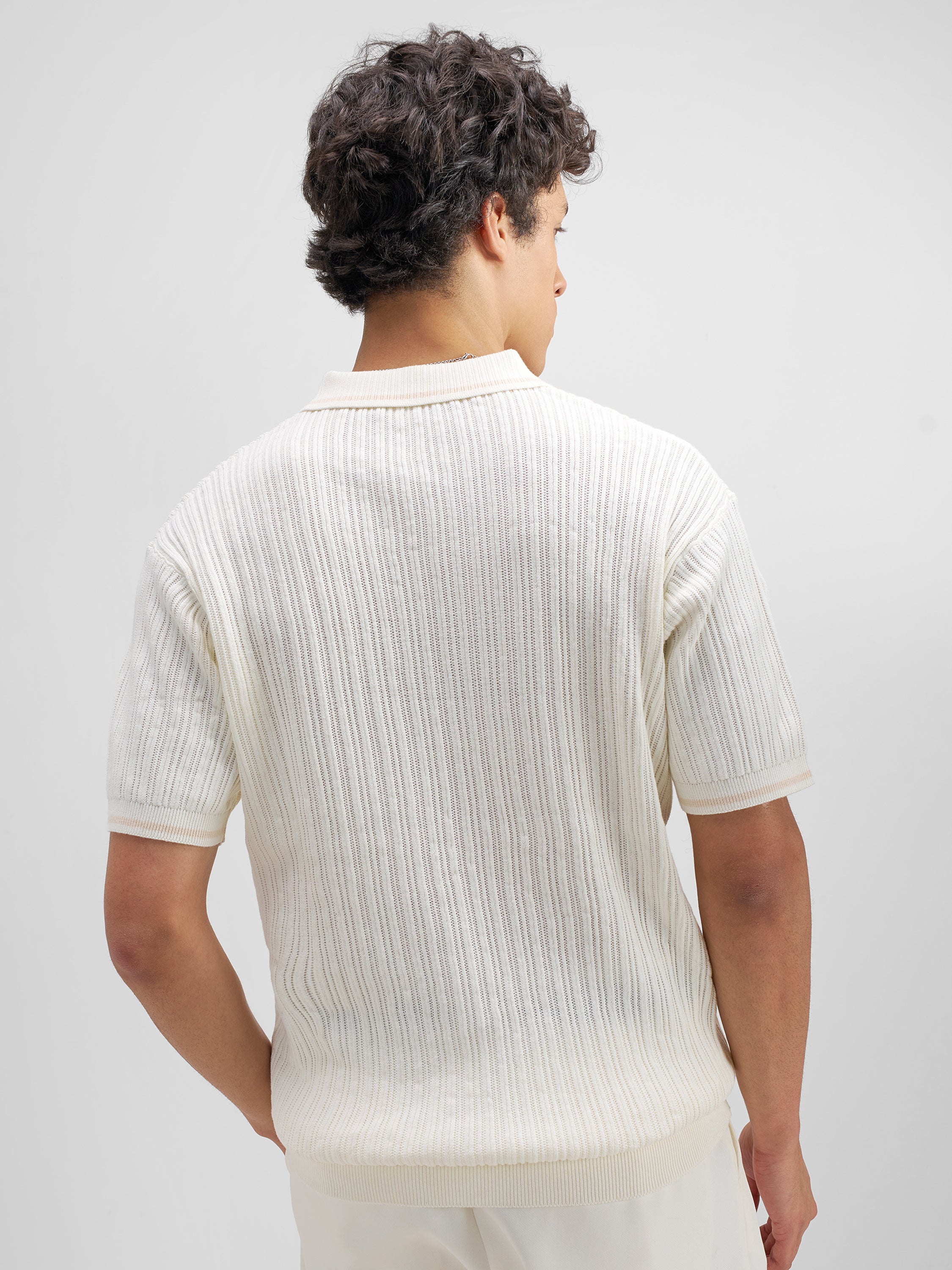 Highlander Men Off White Self Design Polo Collar T-Shirt - Off White - Image 3