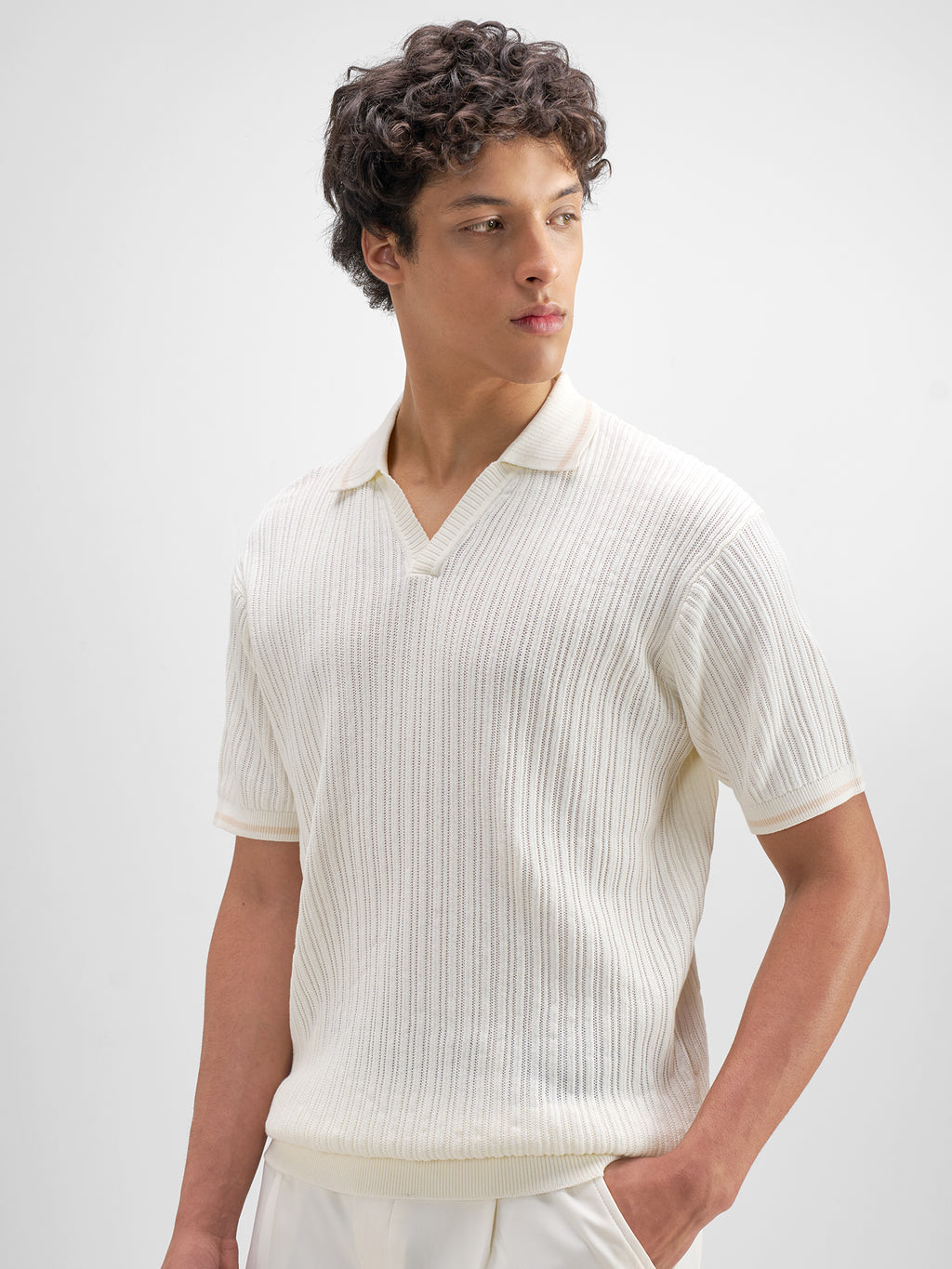 Highlander Men Off White Self Design Polo Collar T-Shirt - Off White - Image 4