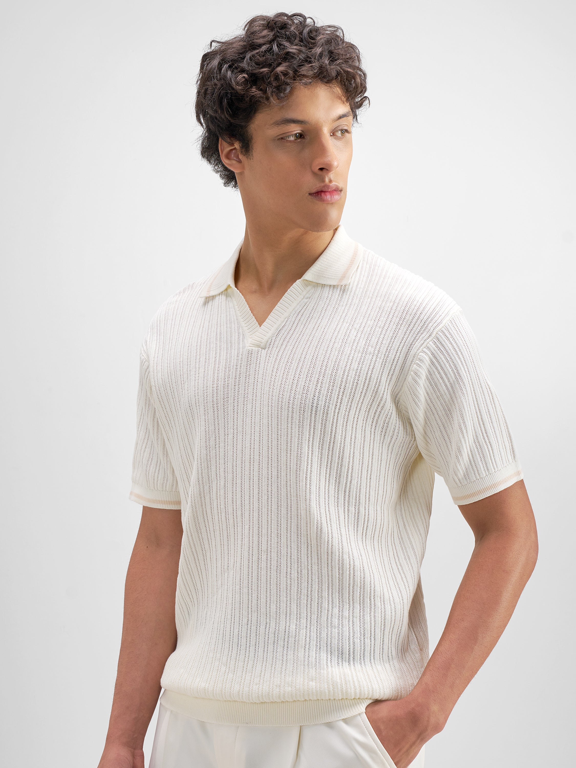 Highlander Men Off White Self Design Polo Collar T-Shirt - Off White - Image 4