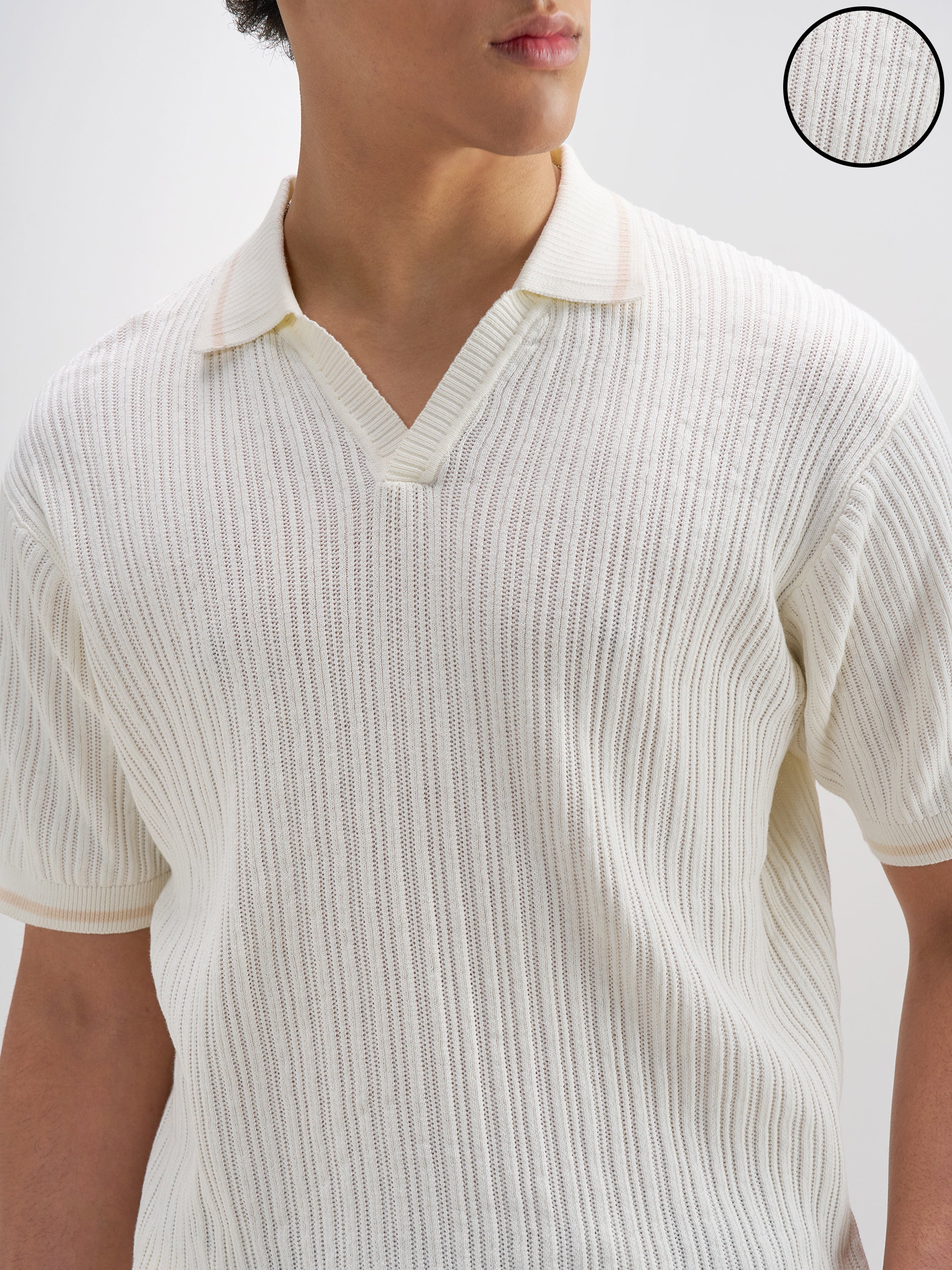 Highlander Men Off White Self Design Polo Collar T-Shirt - Off White - Image 5