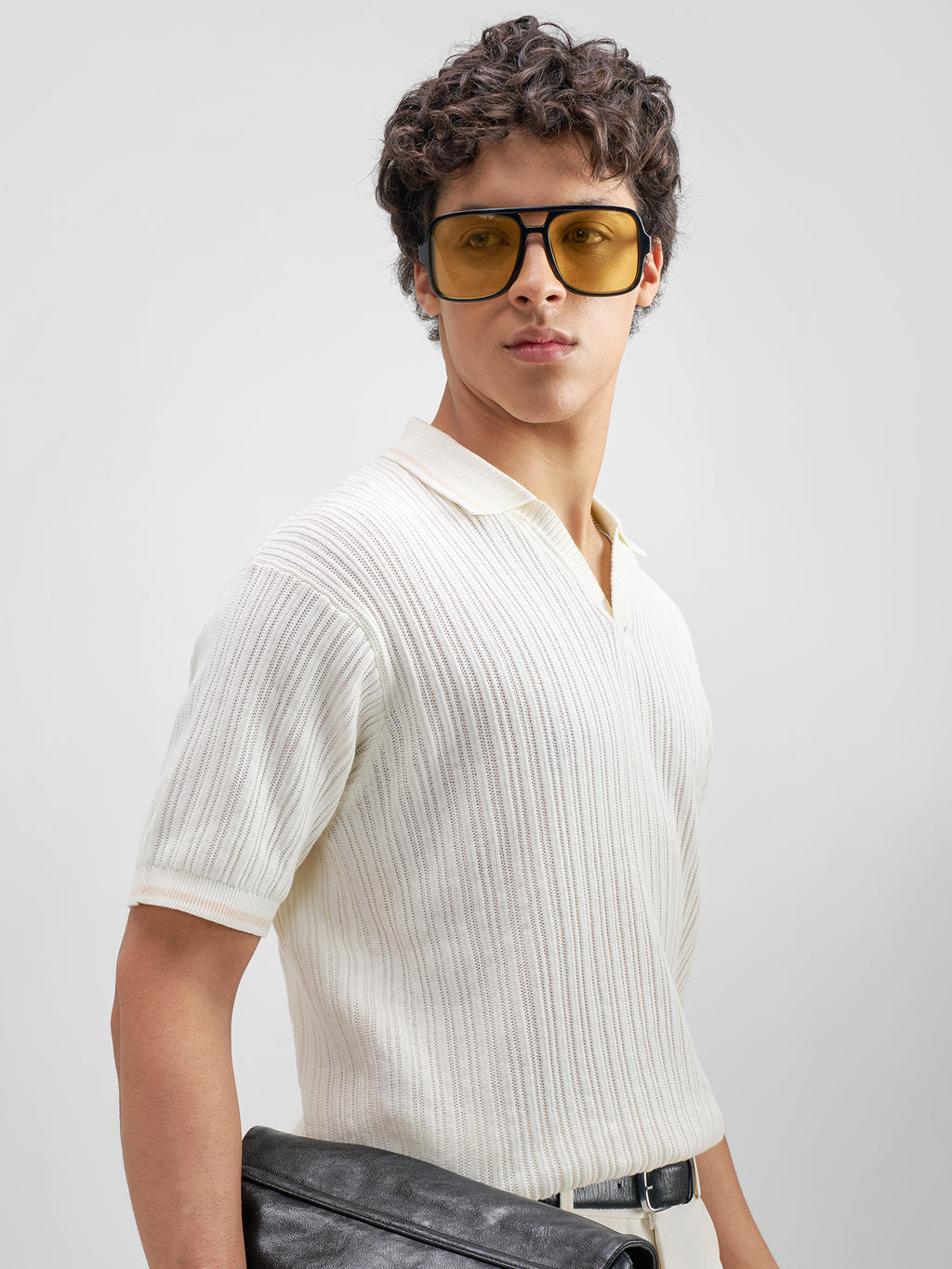 Highlander Men Off White Self Design Polo Collar T-Shirt - Off White - Image 6