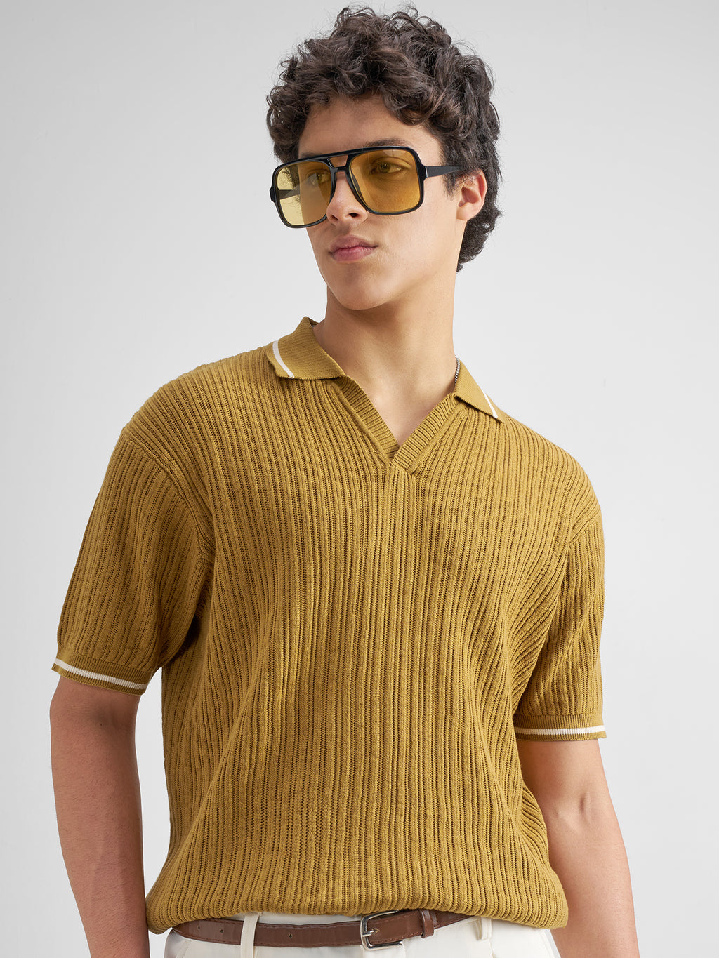 Highlander Men Mustard Self Design Polo Collar T-Shirt - Mustard - Image 1