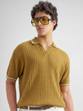 Highlander Men Mustard Self Design Polo Collar T-Shirt - Mustard - Image 1
