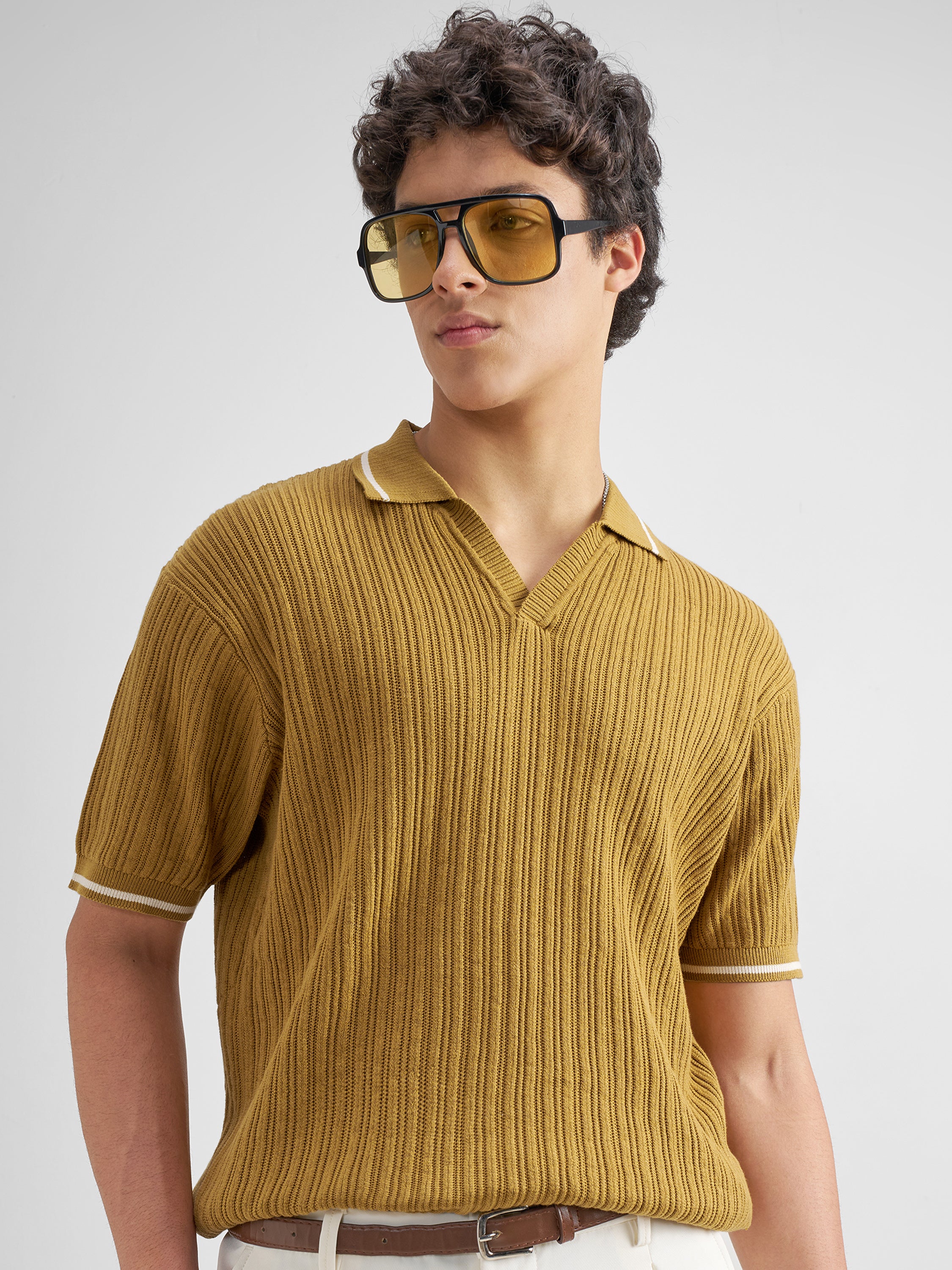 Highlander Men Mustard Self Design Polo Collar T-Shirt - Mustard - Image 1