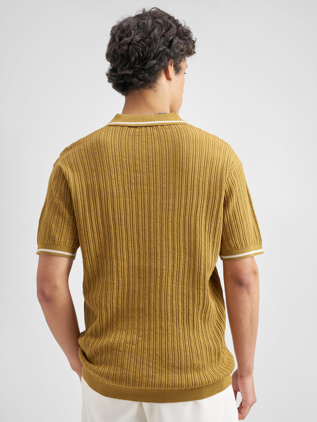 Highlander Men Mustard Self Design Polo Collar T-Shirt - Mustard - Image 3