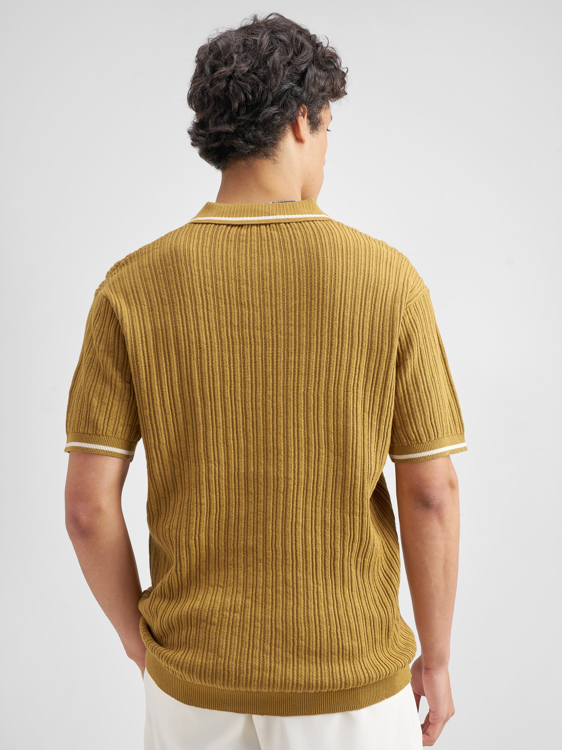 Highlander Men Mustard Self Design Polo Collar T-Shirt - Mustard - Image 3