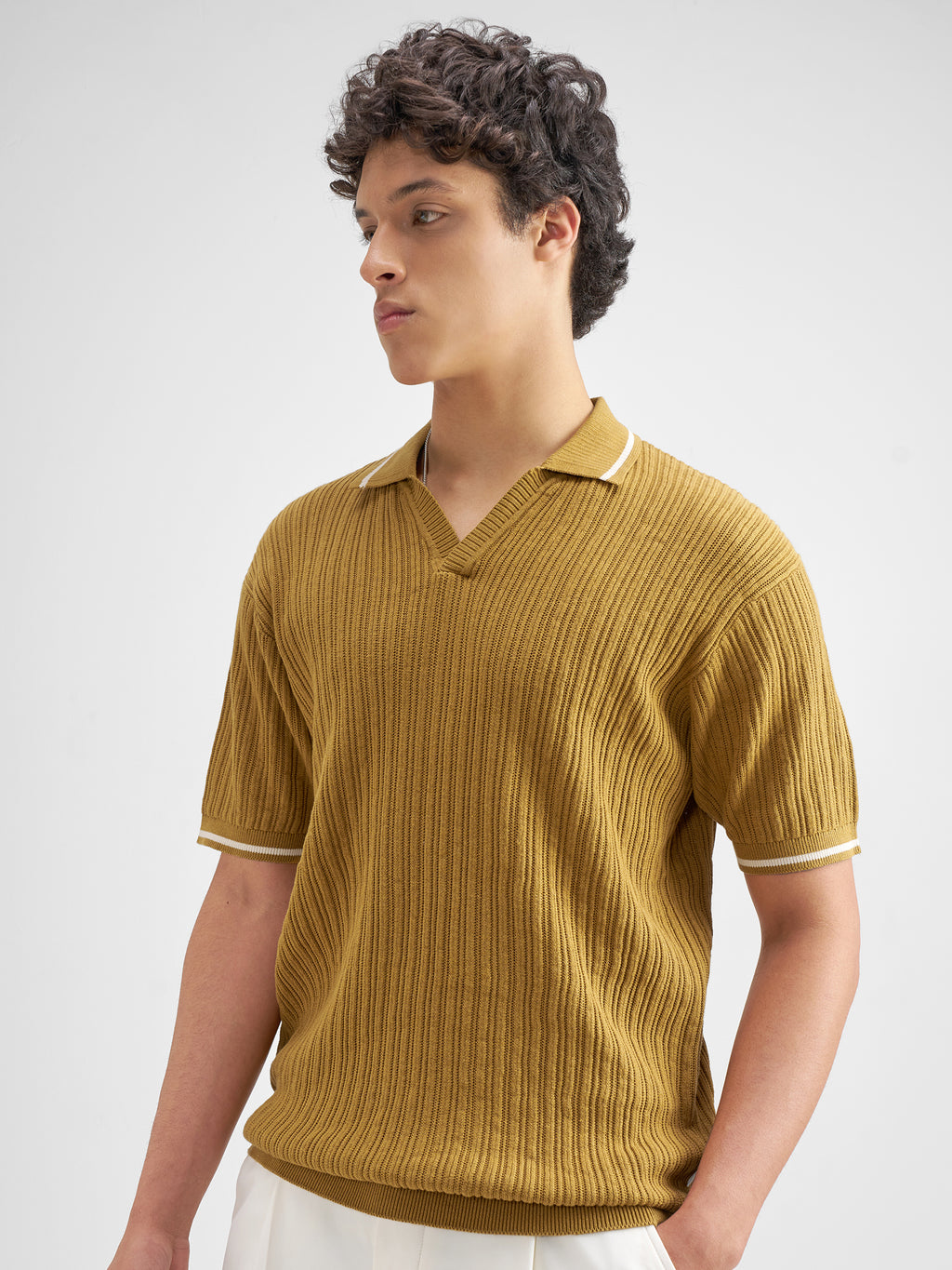 Highlander Men Mustard Self Design Polo Collar T-Shirt - Mustard - Image 4