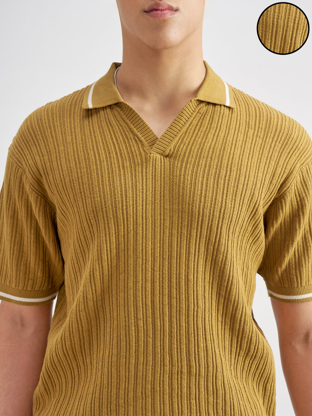 Highlander Men Mustard Self Design Polo Collar T-Shirt - Mustard - Image 5
