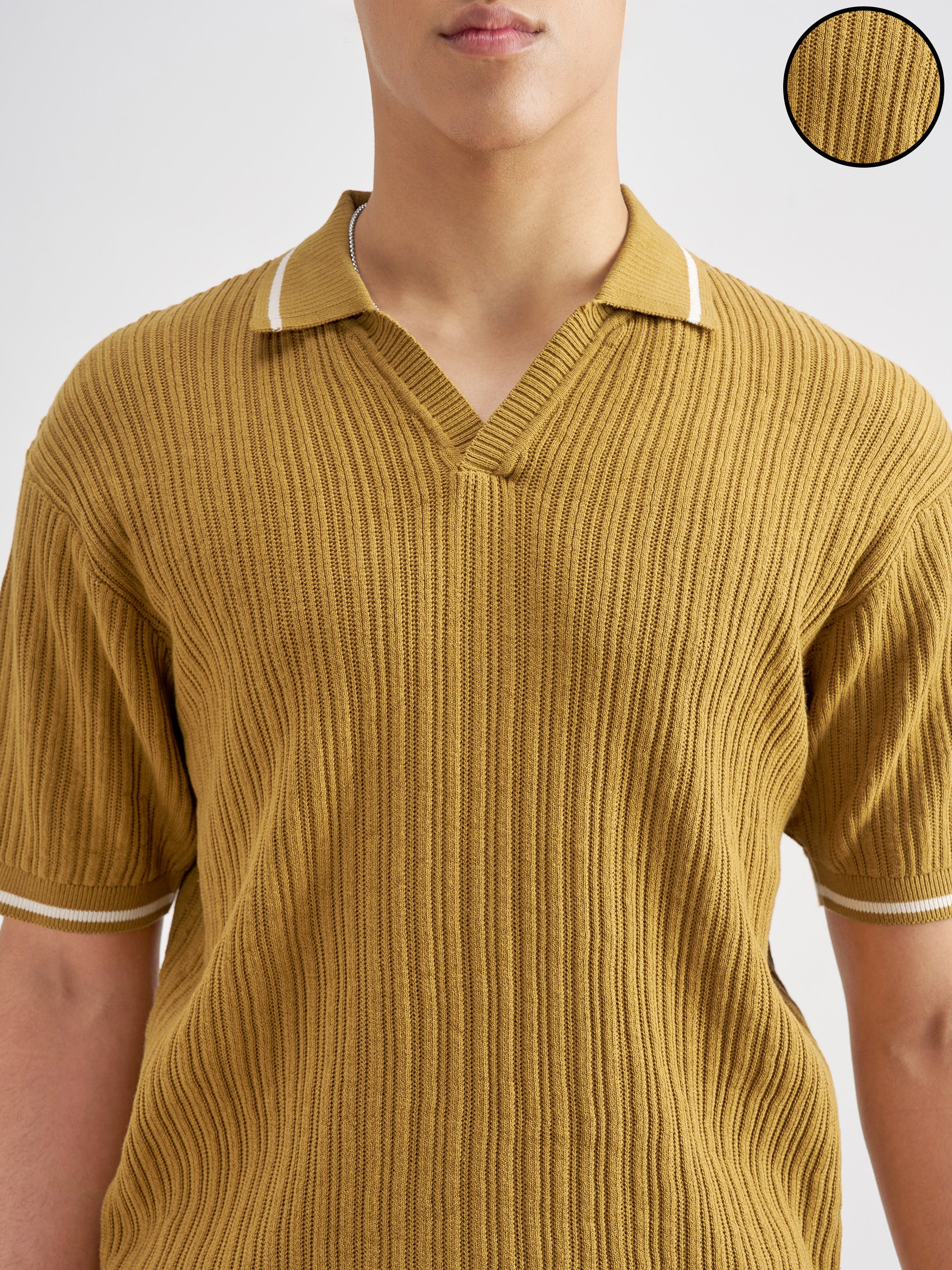 Highlander Men Mustard Self Design Polo Collar T-Shirt - Mustard - Image 5