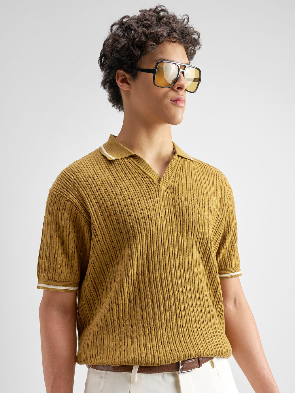 Highlander Men Mustard Self Design Polo Collar T-Shirt - Mustard - Image 6