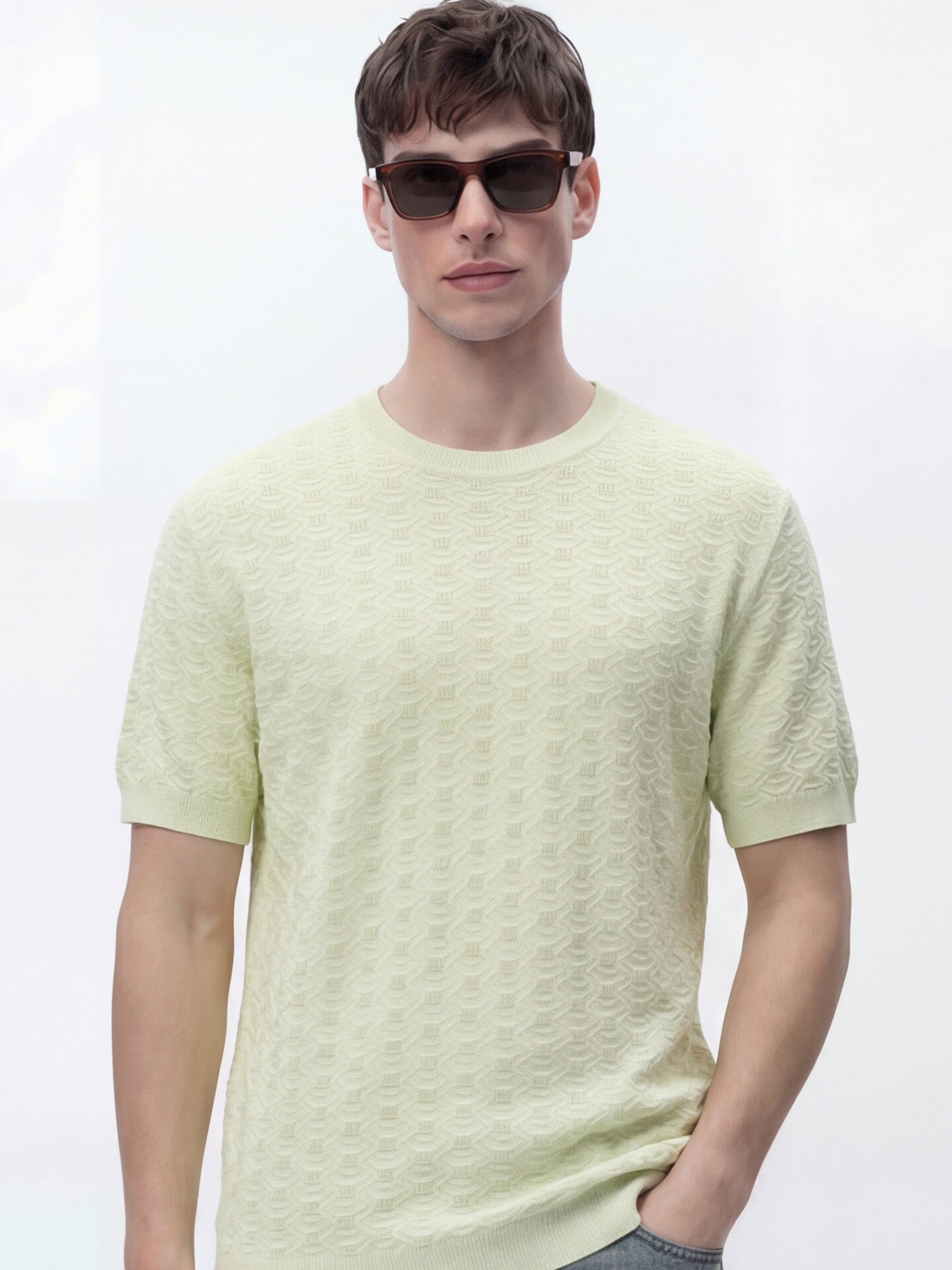 Highlander Men Green Self Design Round Neck Oversized Fit T-Shirt - Green - Image 1