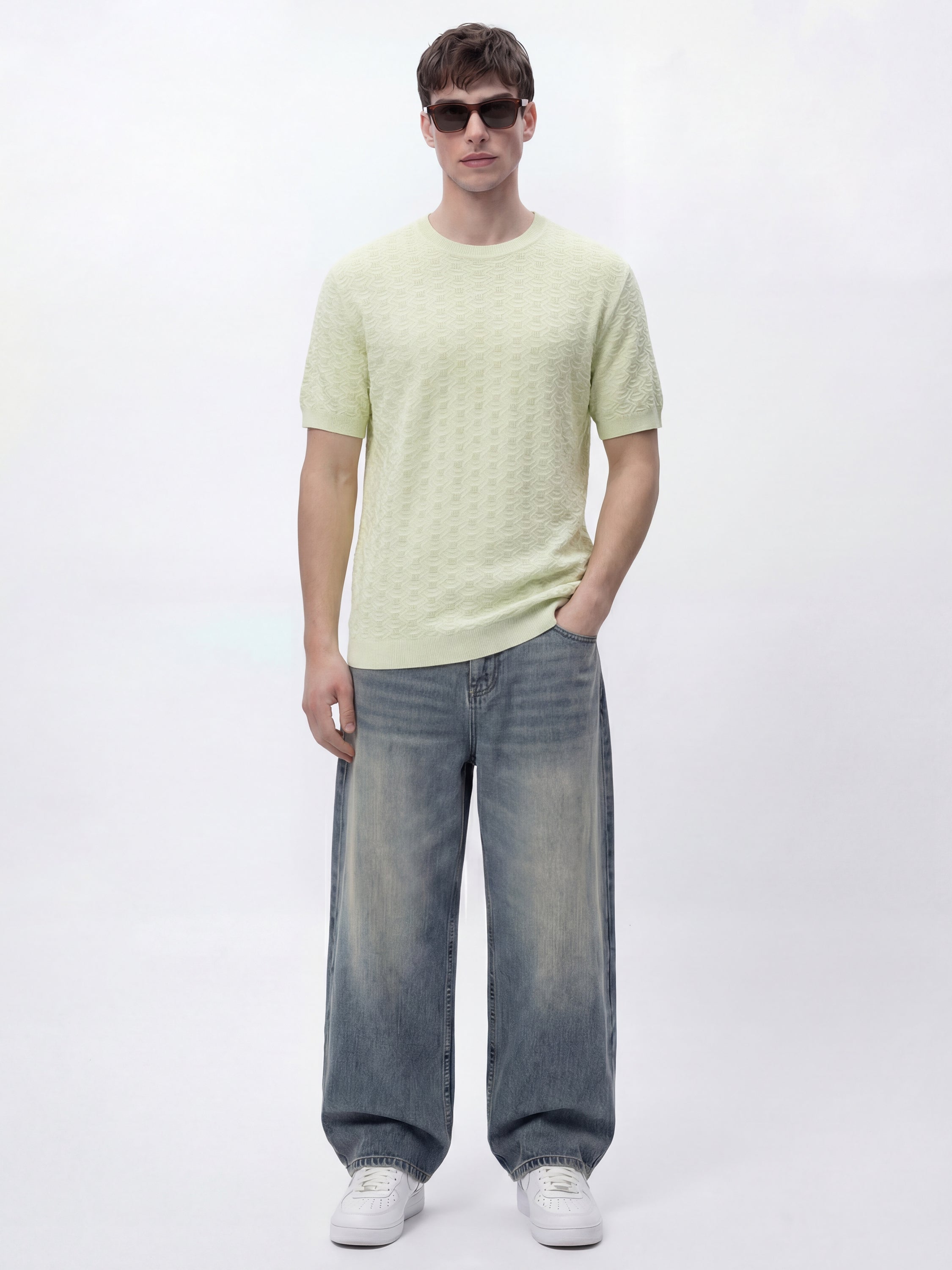 Highlander Men Green Self Design Round Neck Oversized Fit T-Shirt - Green - Image 2