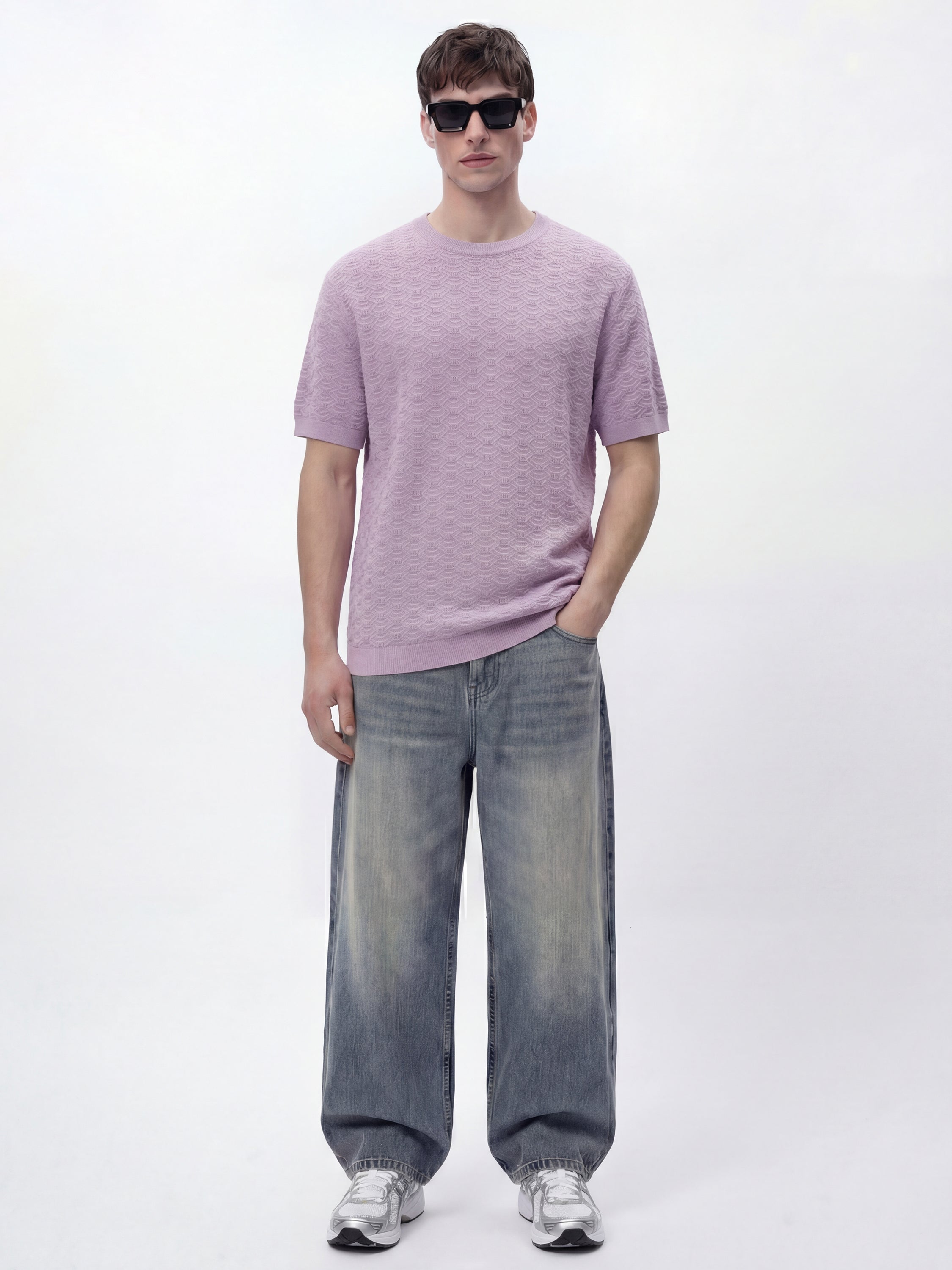 Highlander Men Lavender Self Design Round Neck Oversized Fit T-Shirt - Lavender - Image 2