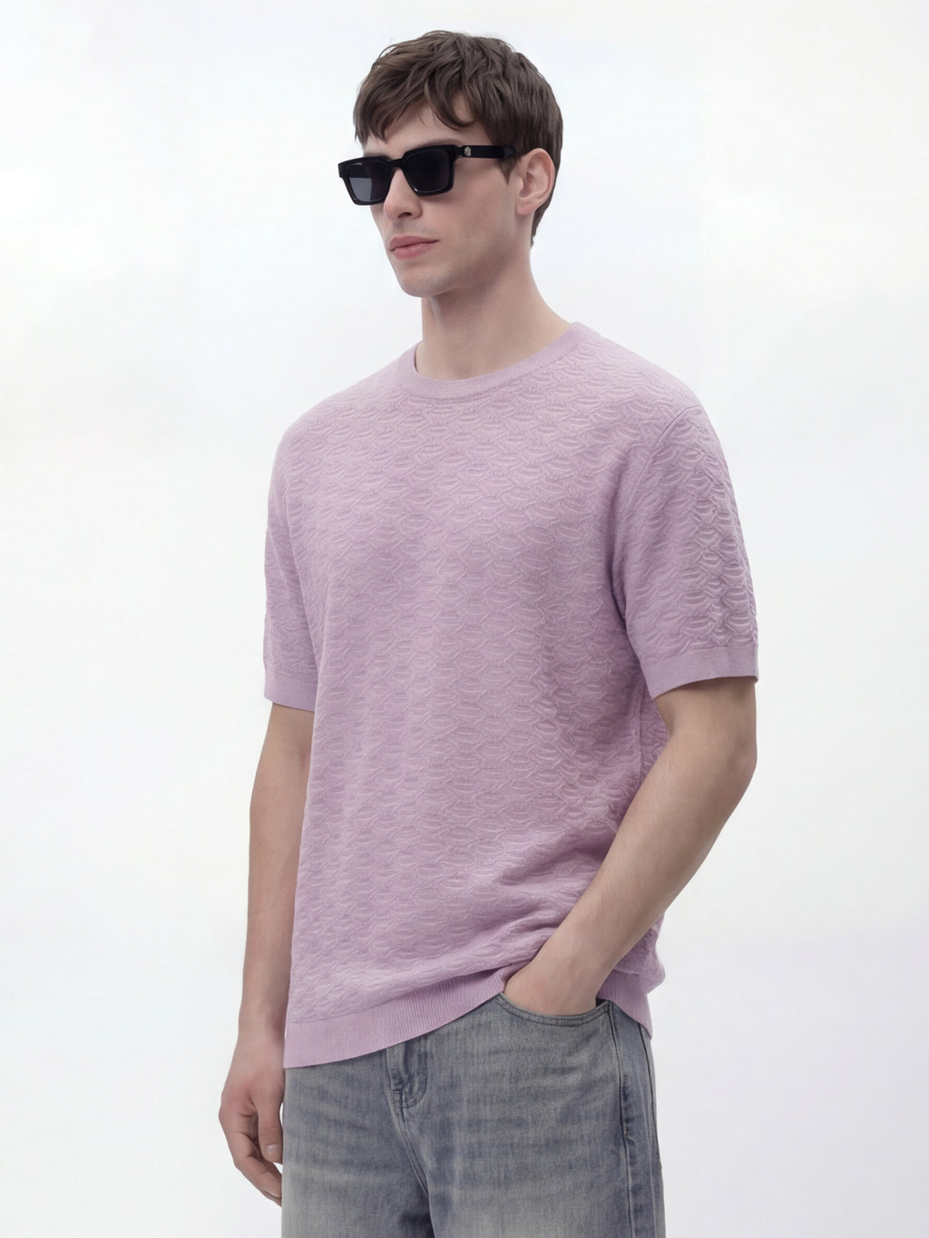 Highlander Men Lavender Self Design Round Neck Oversized Fit T-Shirt - Lavender - Image 4