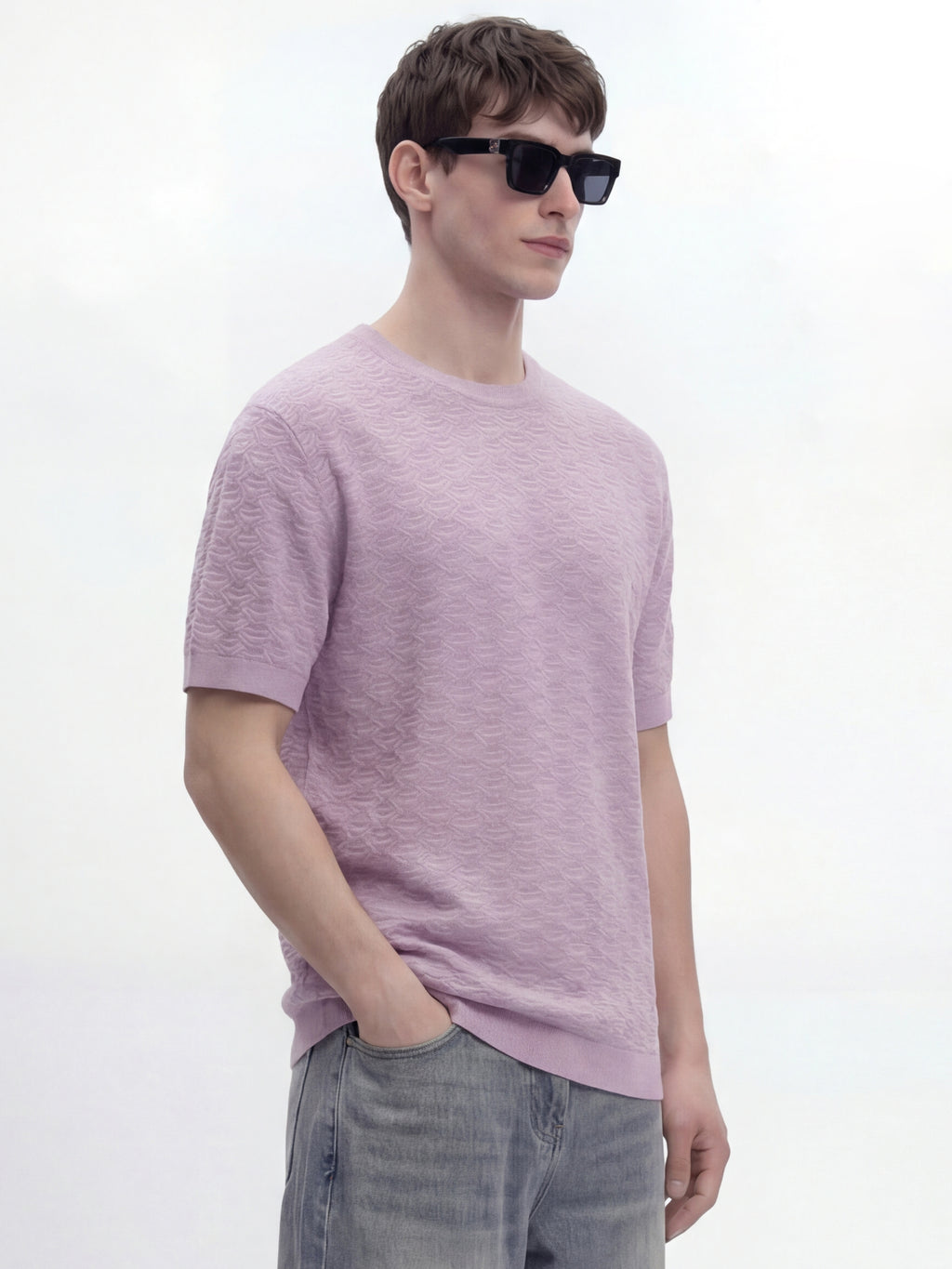 Highlander Men Lavender Self Design Round Neck Oversized Fit T-Shirt - Lavender - Image 6