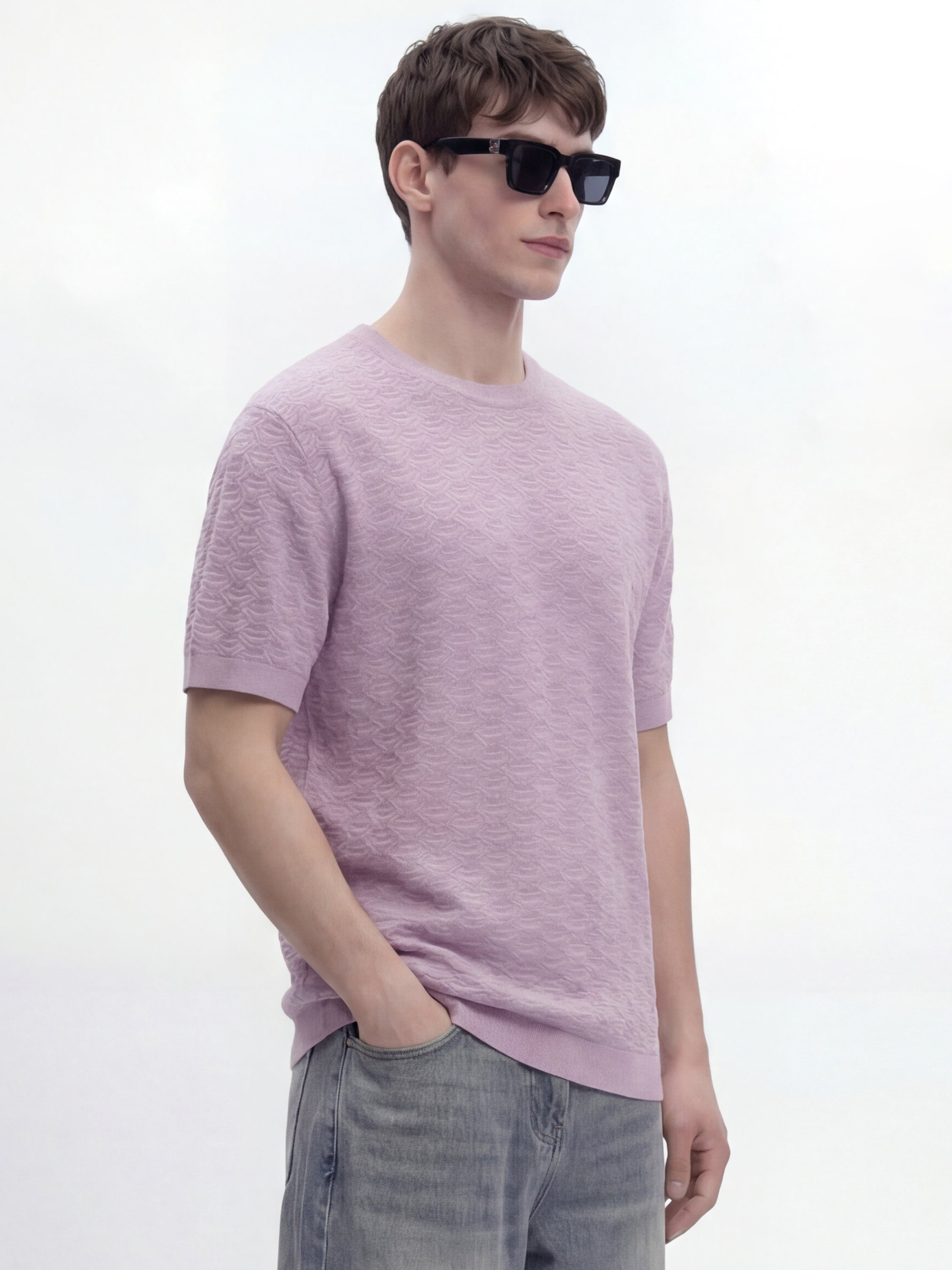 Highlander Men Lavender Self Design Round Neck Oversized Fit T-Shirt - Lavender - Image 6
