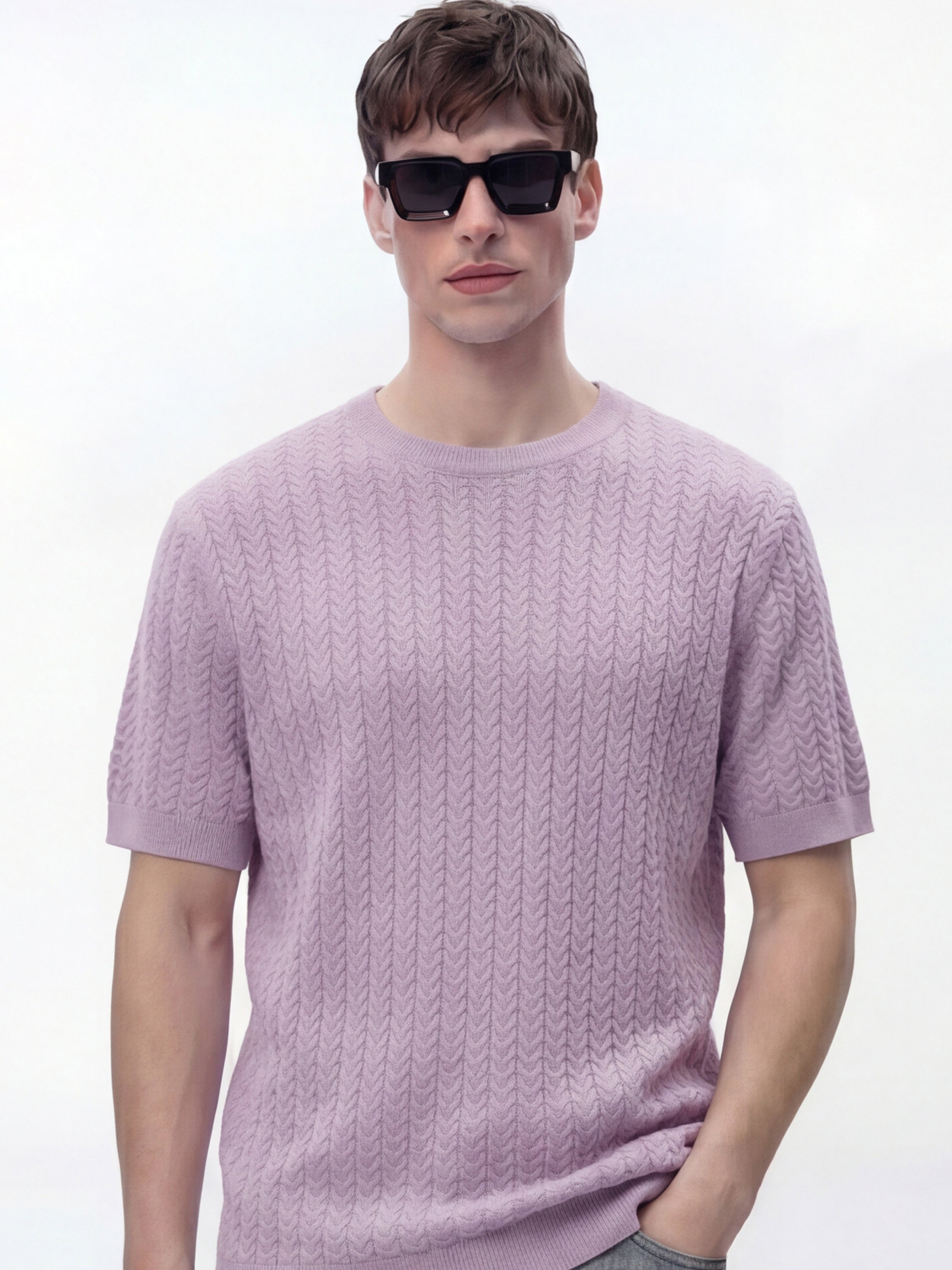 Highlander Men Lavender Self Design Round Neck T-Shirt - Lavender - Image 1