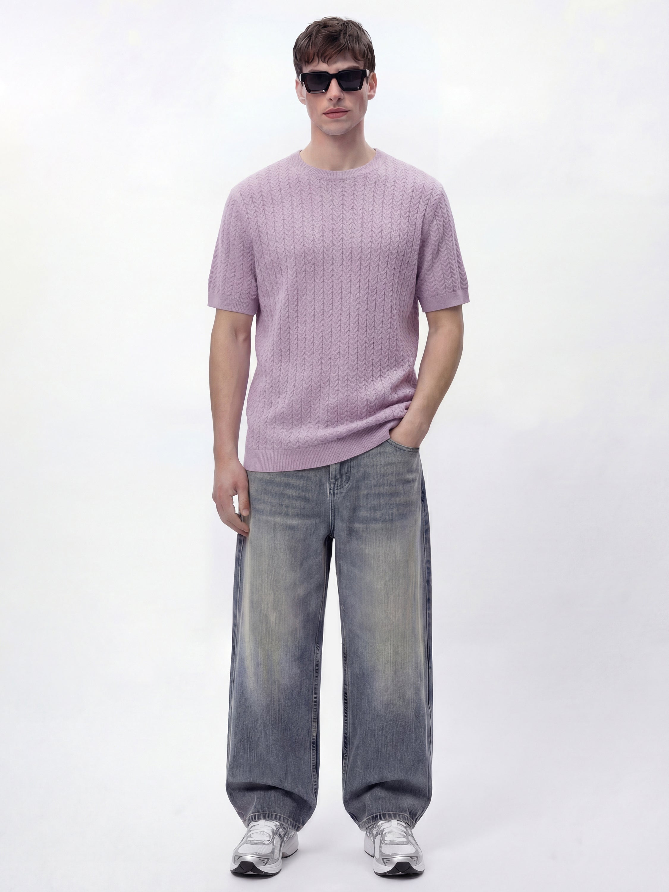 Highlander Men Lavender Self Design Round Neck T-Shirt - Lavender - Image 2