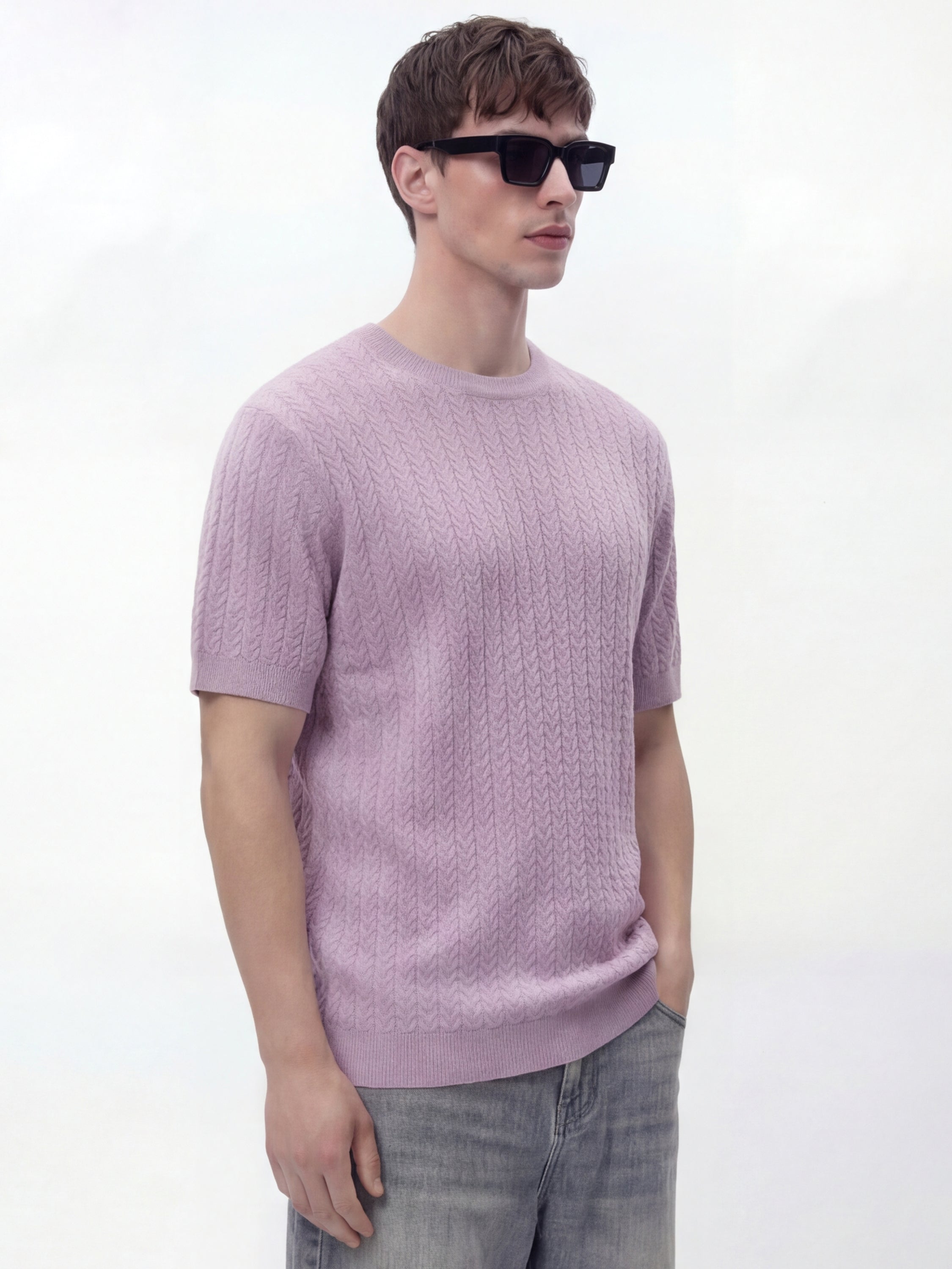 Highlander Men Lavender Self Design Round Neck T-Shirt - Lavender - Image 6