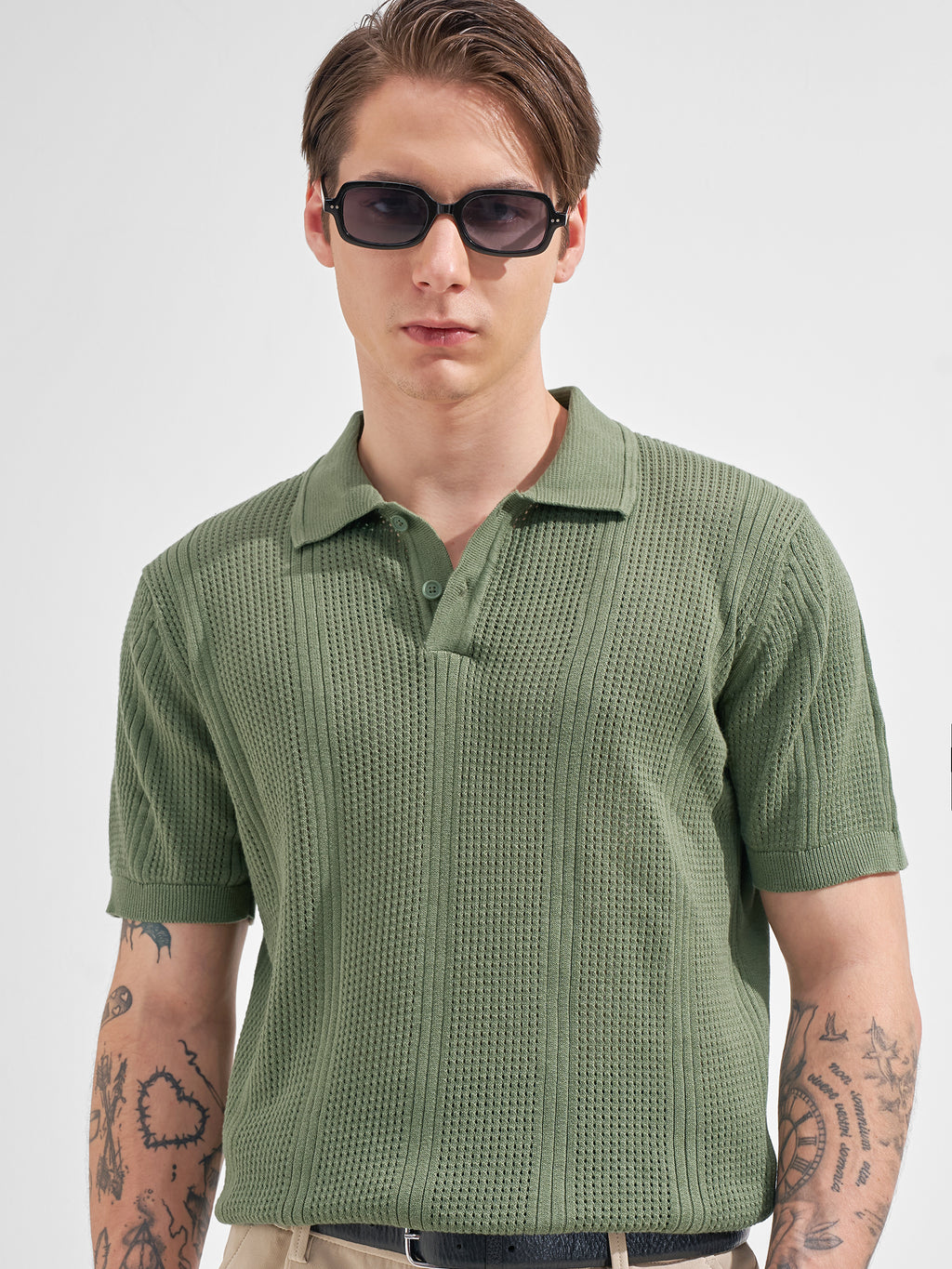 Highlander Men Olive Self Design Polo Collar  T-Shirt