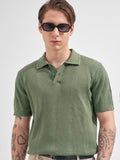Highlander Men Olive Self Design Polo Collar  T-Shirt