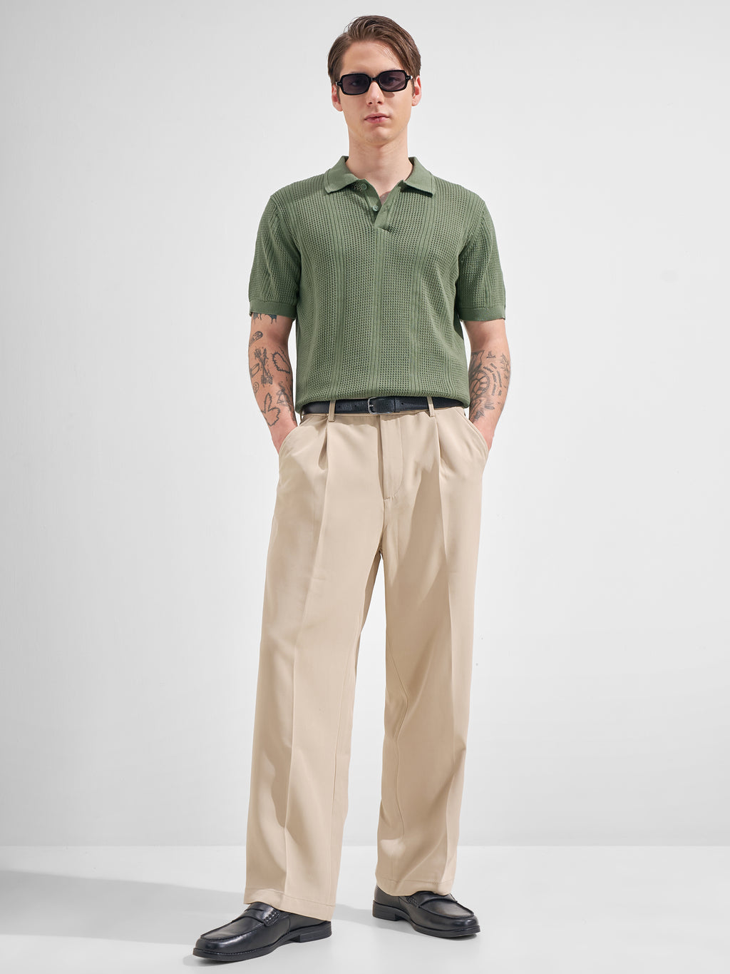Highlander Men Olive Self Design Polo Collar  T-Shirt