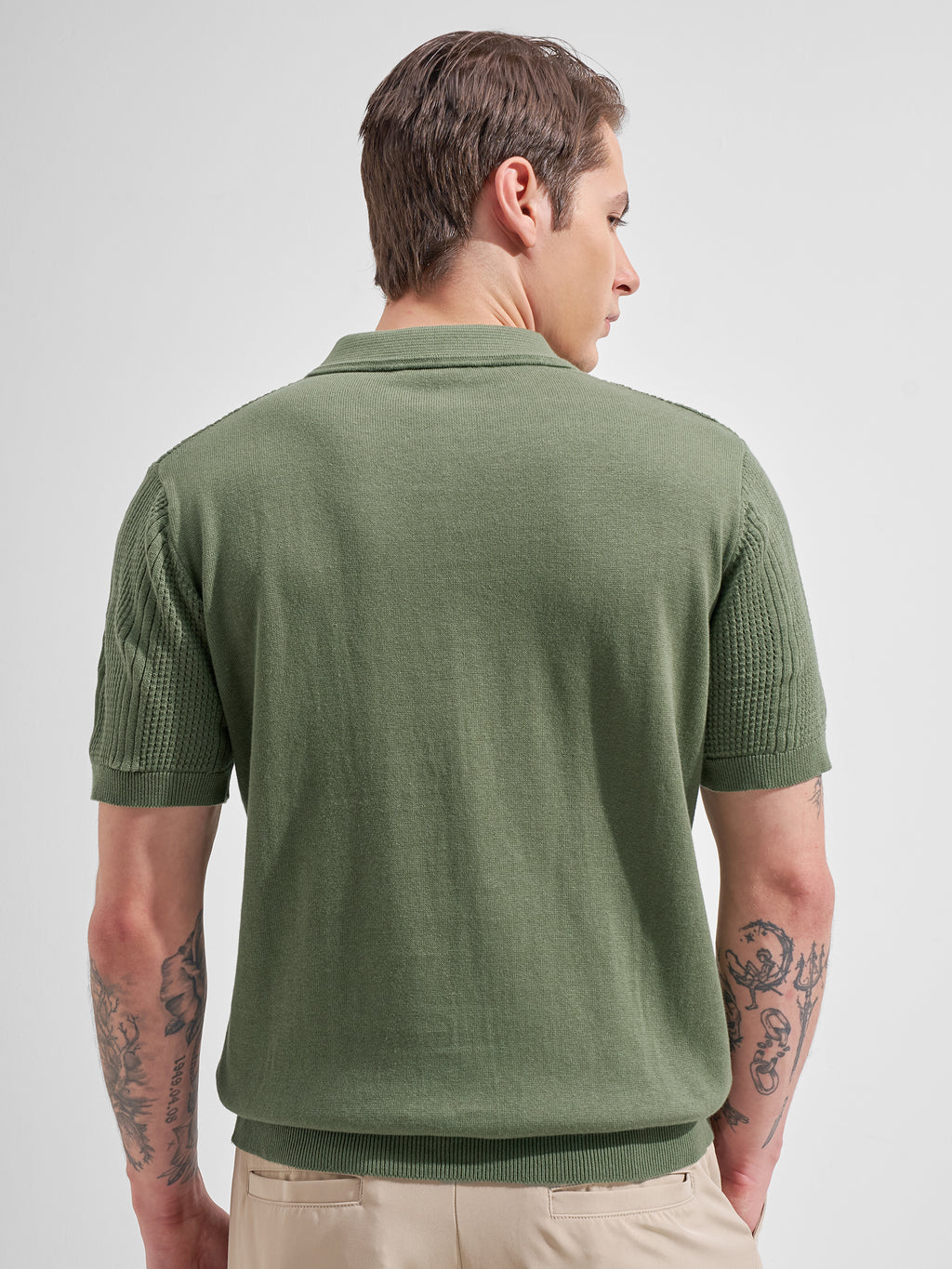 Highlander Men Olive Self Design Polo Collar  T-Shirt