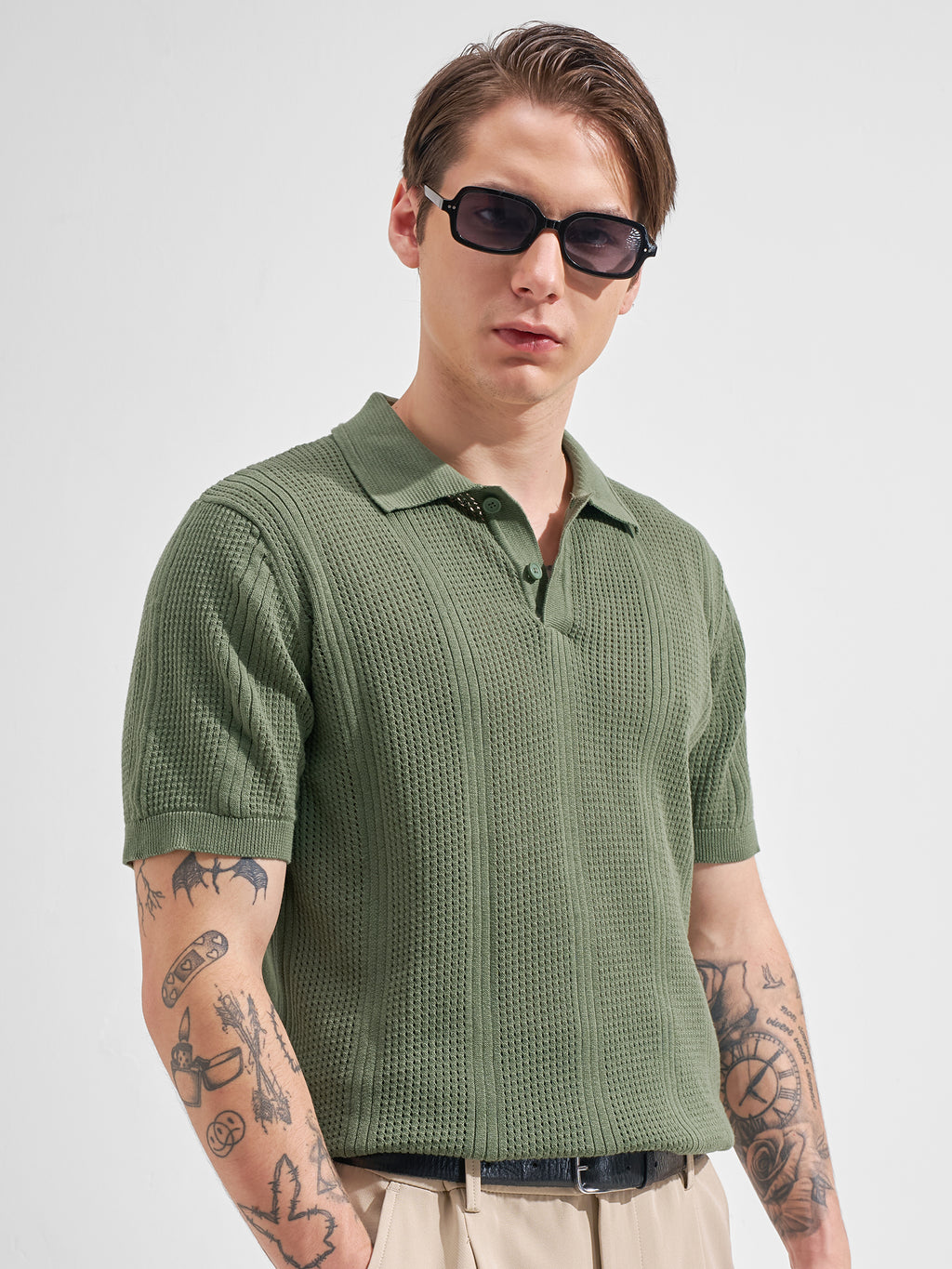 Highlander Men Olive Self Design Polo Collar  T-Shirt