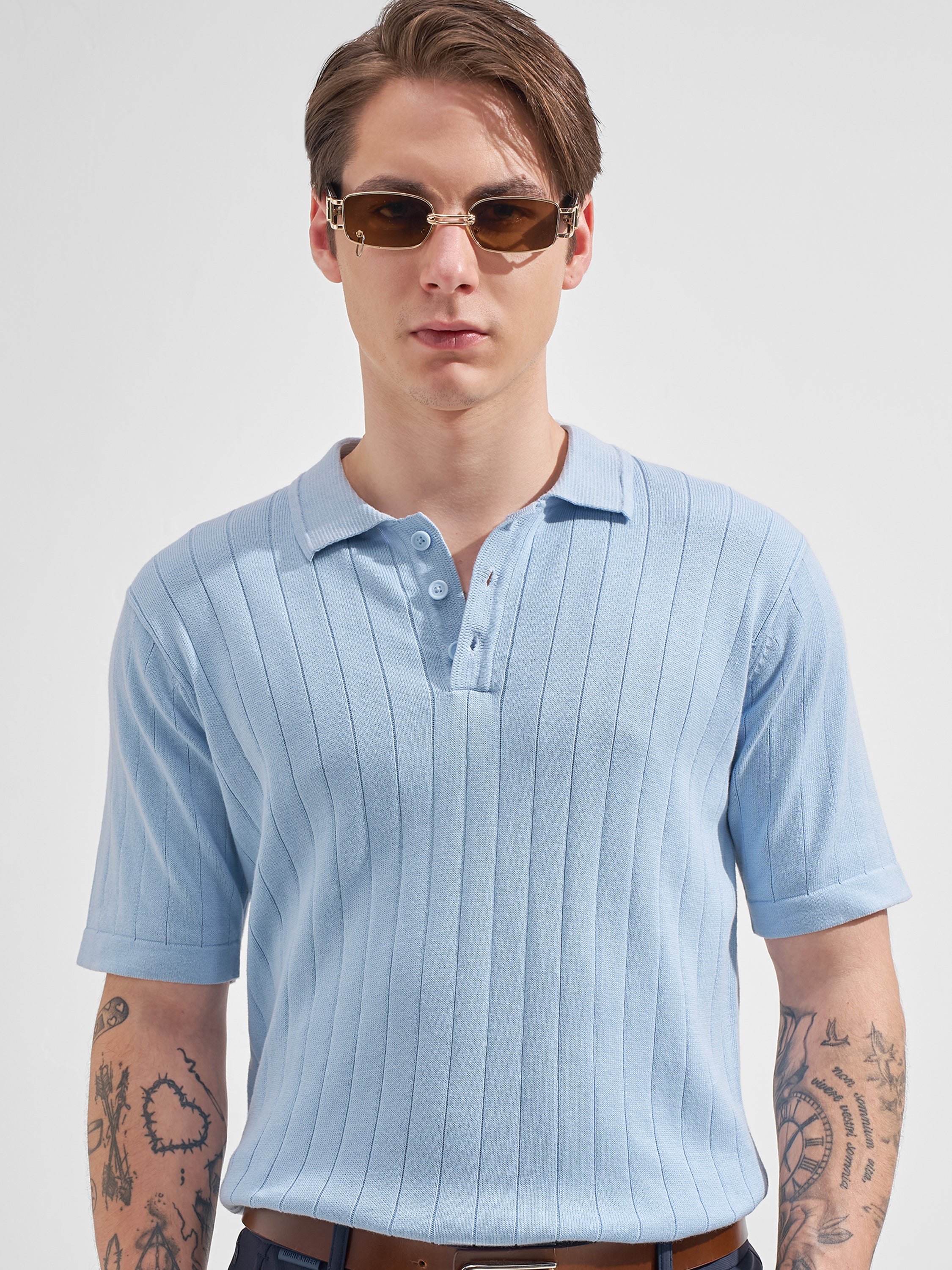 Highlander Men Blue Self Design Polo Collar  T-Shirt