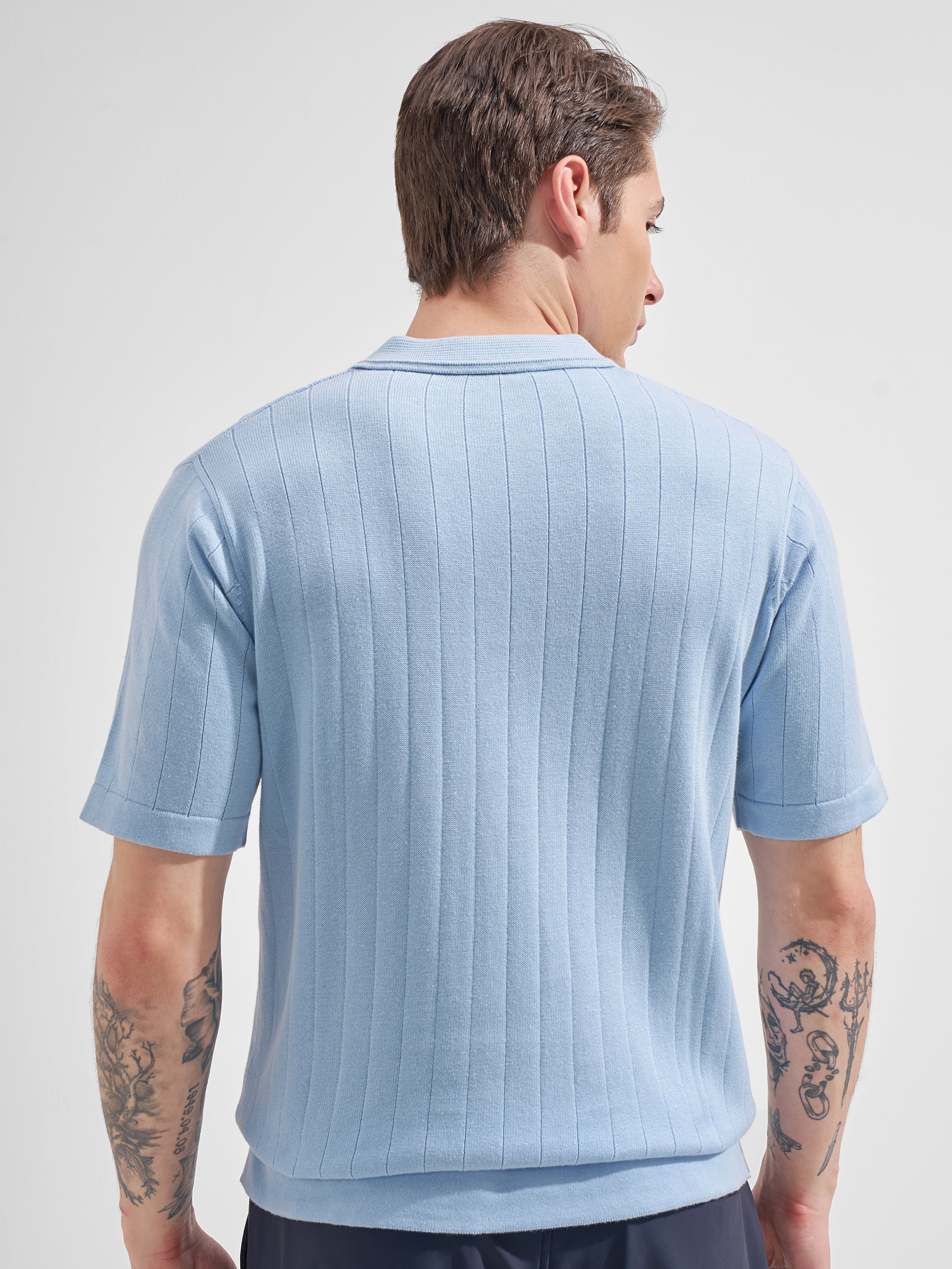 Highlander Men Blue Self Design Polo Collar  T-Shirt