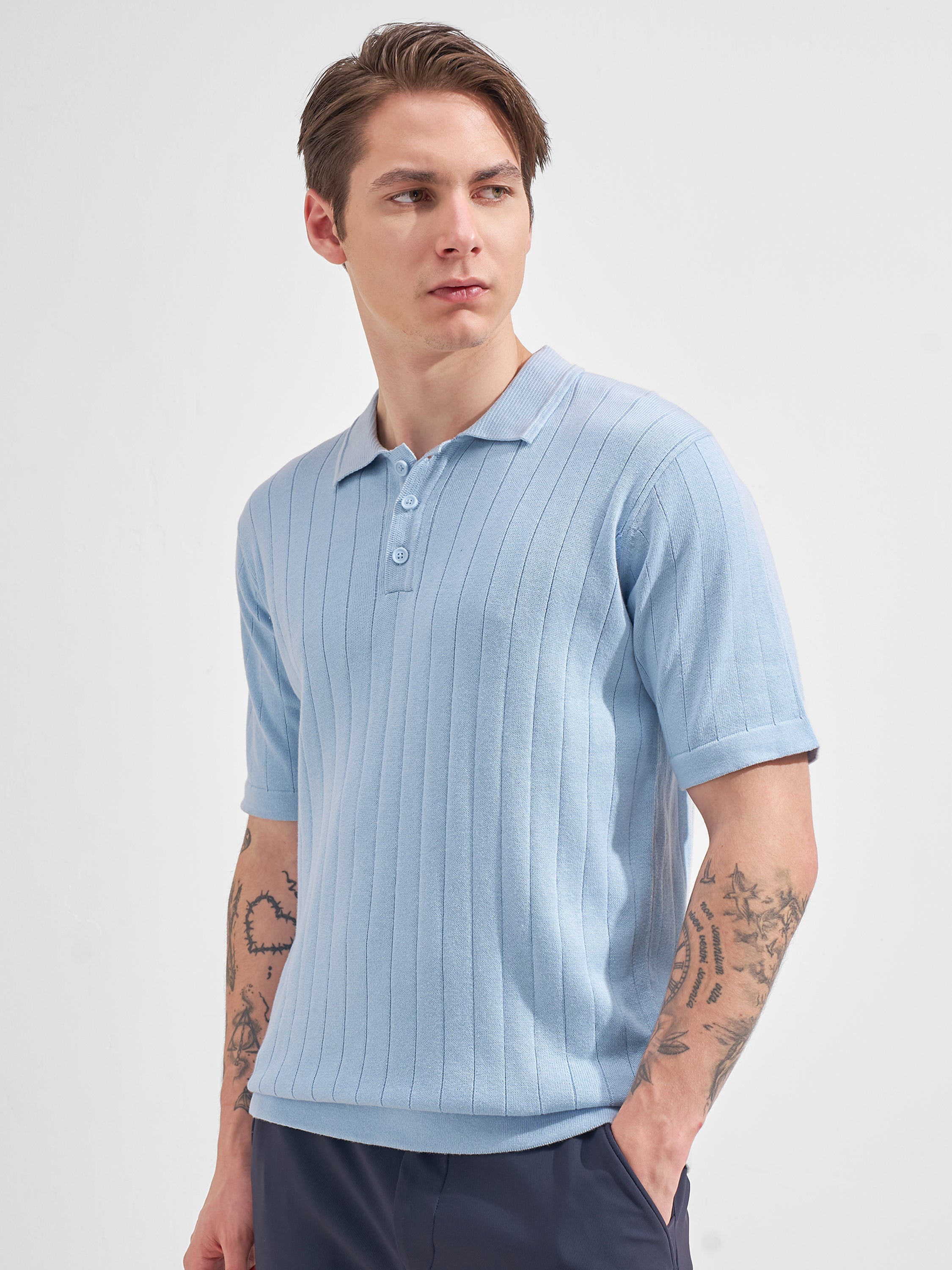 Highlander Men Blue Self Design Polo Collar  T-Shirt