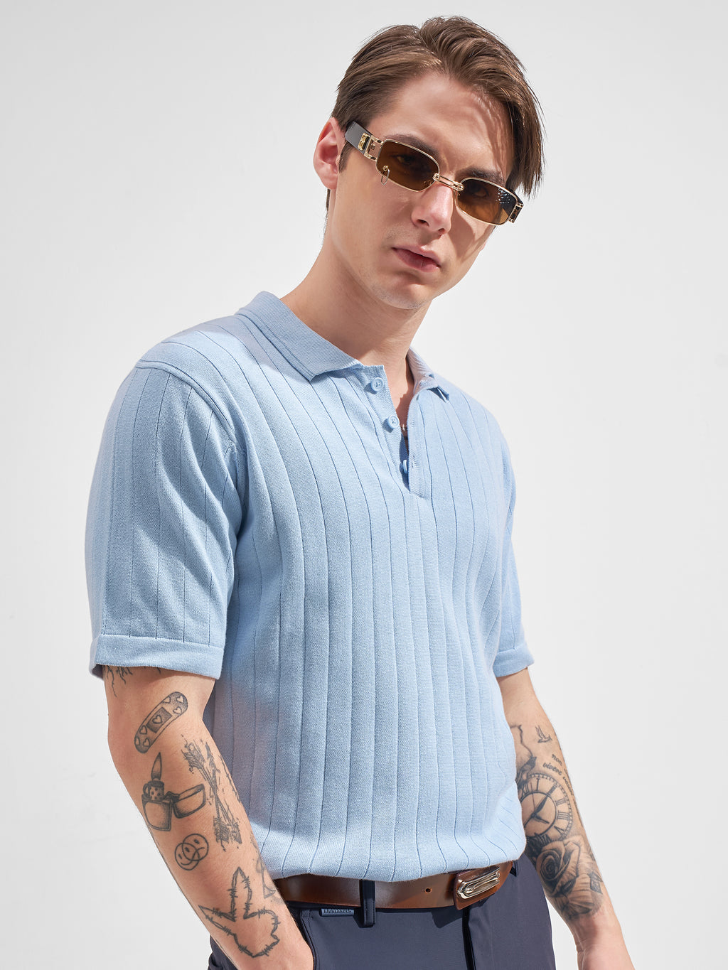 Highlander Men Blue Self Design Polo Collar  T-Shirt