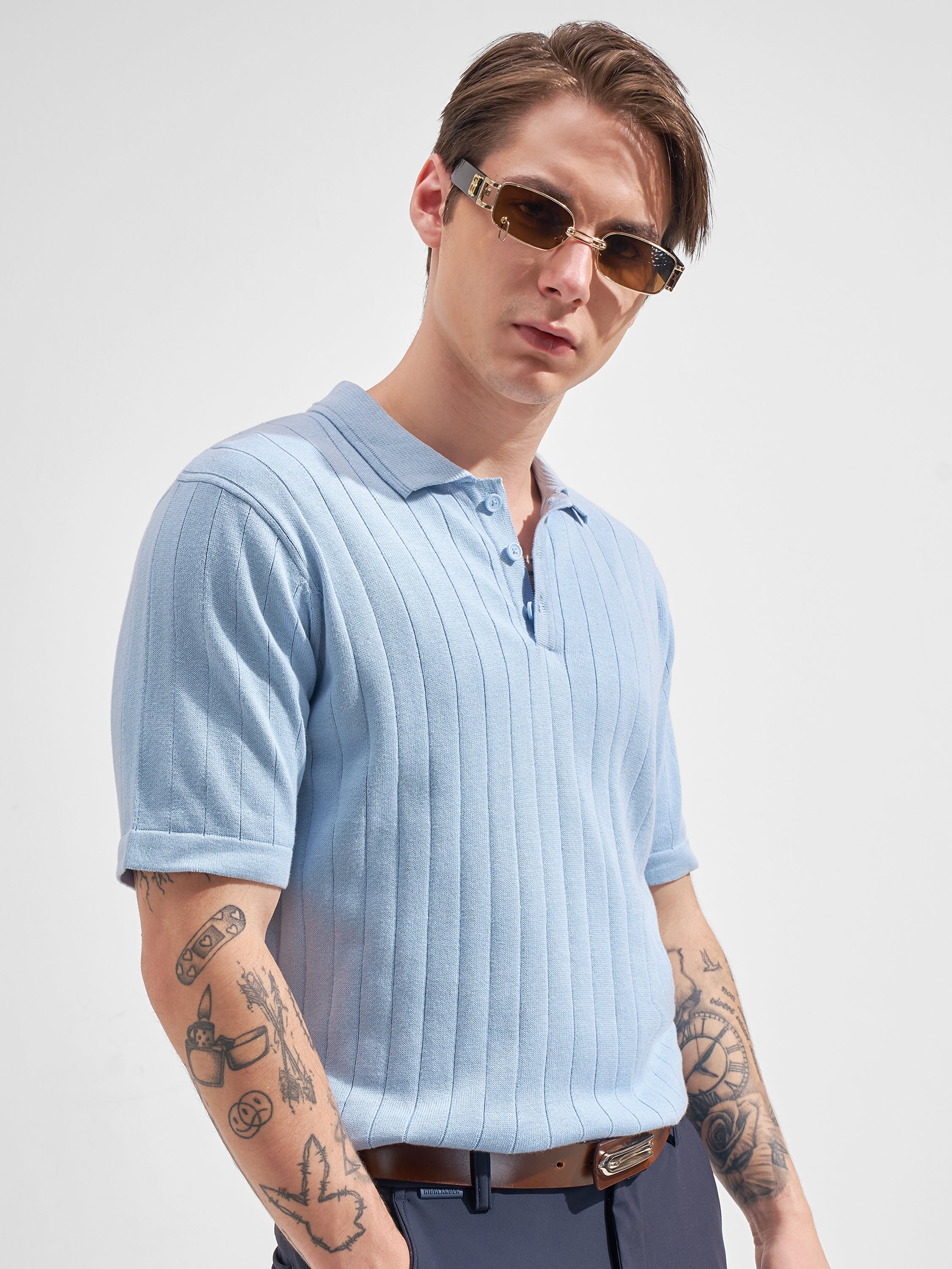 Highlander Men Blue Self Design Polo Collar  T-Shirt
