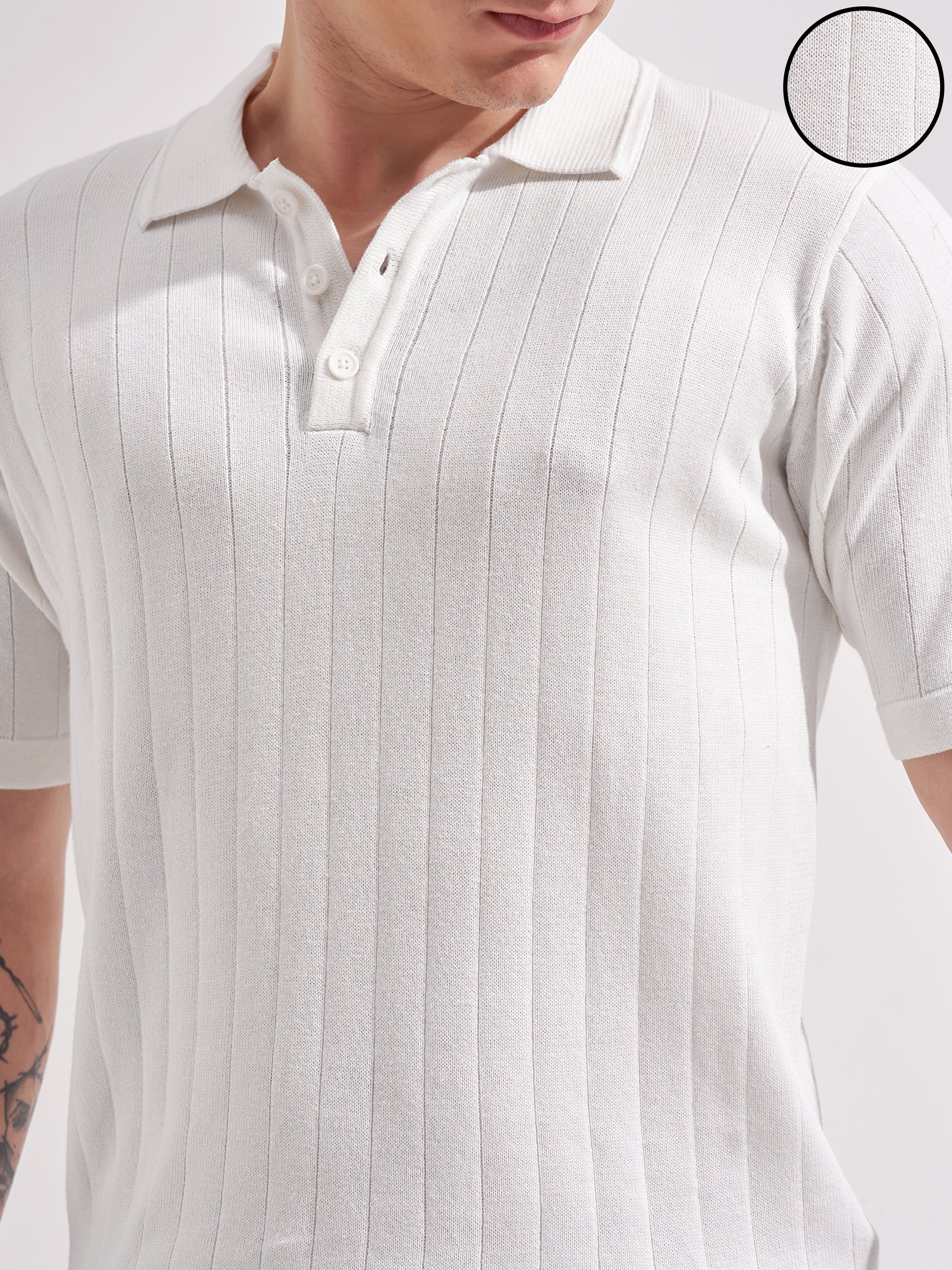 Highlander Men White Self Design Polo Collar  T-Shirt
