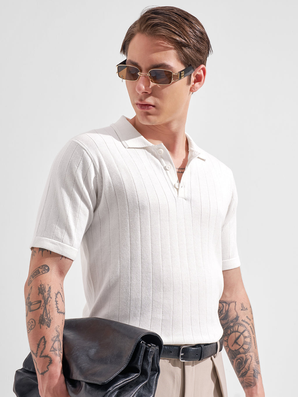 Highlander Men White Self Design Polo Collar  T-Shirt